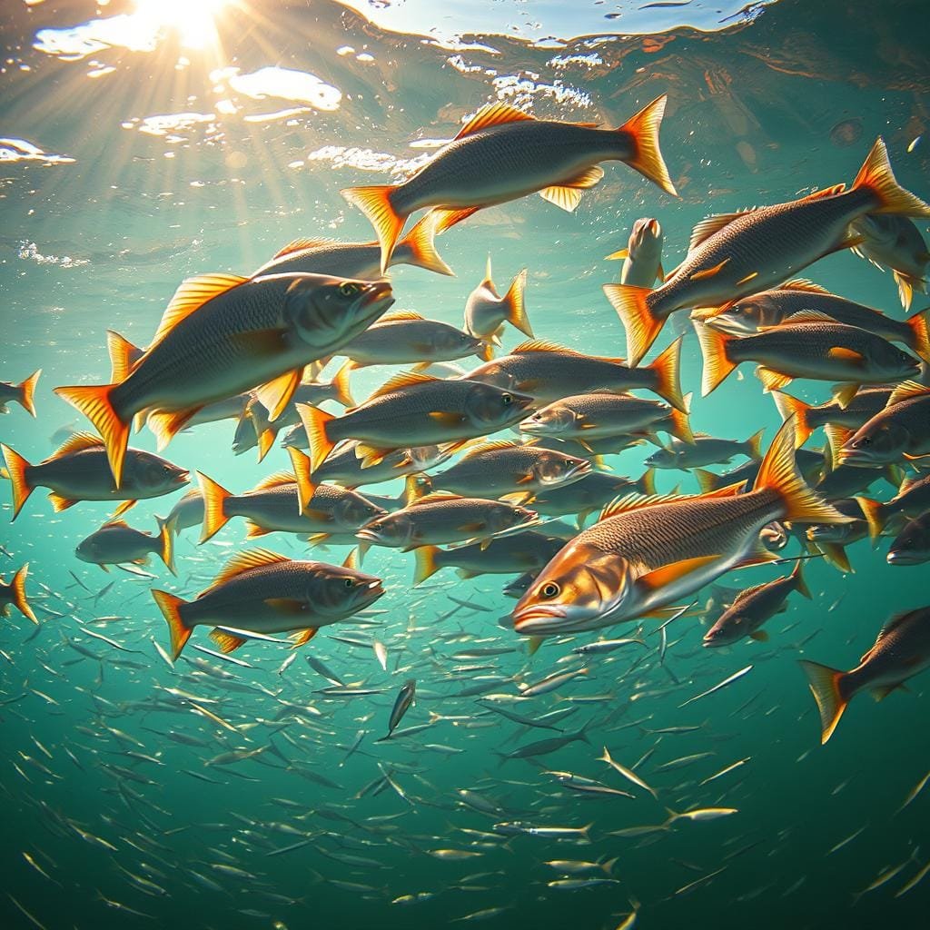 A vibrant underwater scene of a school of redfish engaging in their characteristic feeding frenzy. In the foreground, several sleek, bronze-colored redfish aggressively chasing and snapping at baitfish, their fins and tails slicing through the water. The middle ground features a dense shoal of silvery minnows frantically darting in all directions, trying to evade the predatory redfish. In the hazy background, a sunlit water surface filters down, casting a warm, golden glow on the entire tableau. The lighting is natural and dynamic, with rippling patterns of light and shadow playing across the fish and their underwater environment. The camera angle is slightly elevated, providing an immersive, eye-level perspective that puts the viewer right in the middle of the action.