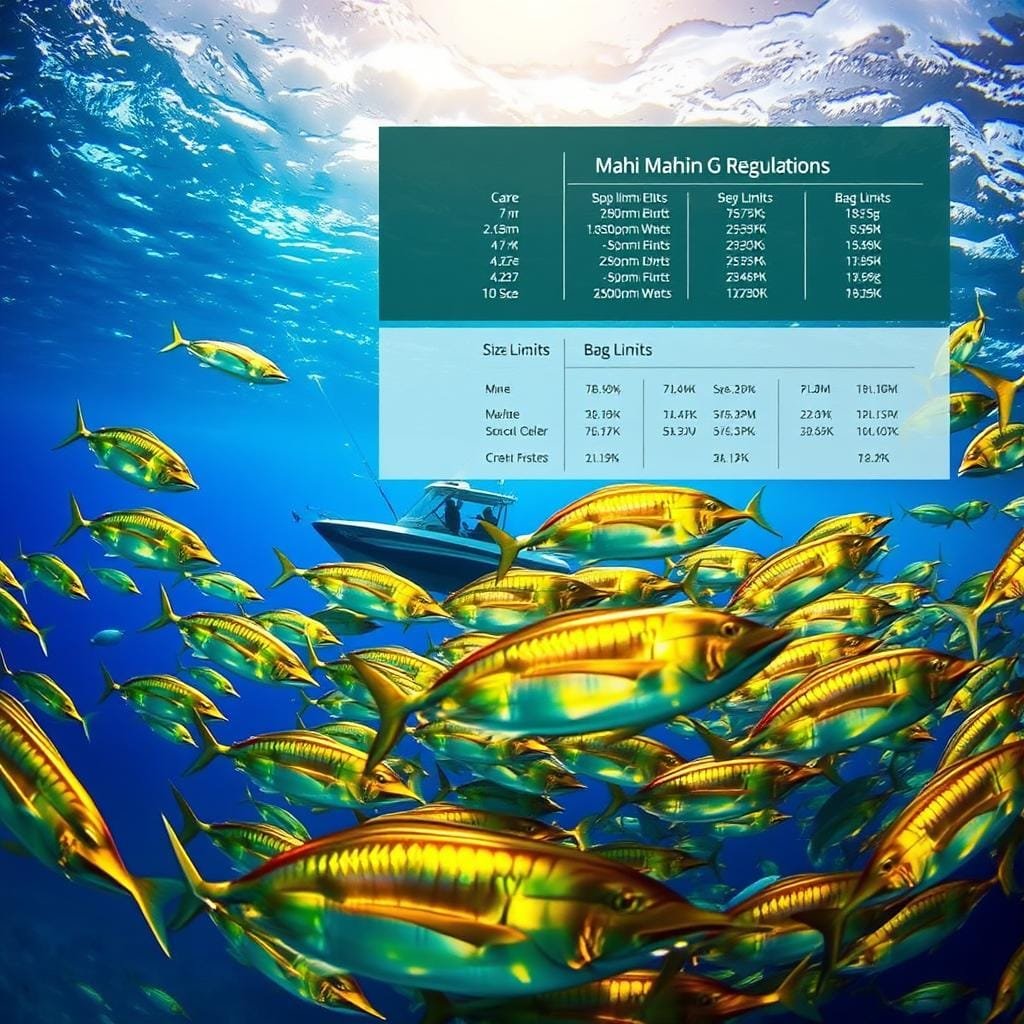 A vibrant underwater seascape showcasing the regulations for mahi mahi fishing. In the foreground, a schools of iridescent mahi mahi swim gracefully, their golden-green scales shimmering in the sunlight filtering through the clear blue waters. In the middle ground, silhouettes of anglers on a fishing boat, casting lines in pursuit of their catch. In the background, a detailed infographic lays out the size limits, bag limits, and seasonal restrictions for mahi mahi, presented in a clean, legible manner. The scene is captured with a wide-angle lens, creating a sense of depth and immersion. The lighting is natural and warm, evoking the tropical paradise where this marine life thrives. An authoritative yet inviting atmosphere pervades the entire composition.