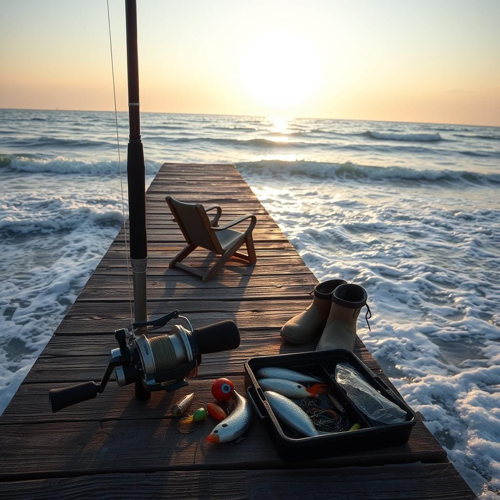 A weathered wooden dock stretches into the crashing waves, its surface dotted with an array of surf fishing gear. In the foreground, a sleek, graphite-colored rod stands upright, its reel threaded with a taut line. Nearby, a tackle box lies open, revealing an assortment of colorful lures, hooks, and sinkers. In the middle ground, a pair of well-worn wading boots sit next to a beach chair, ready for the angler's return. The background is a panoramic vista of the open ocean, the horizon hazy with the warm glow of a setting sun that casts a golden sheen on the water's surface. The scene evokes a sense of tranquility and the thrill of the hunt, the perfect setting for a successful day of surf fishing for bluefish.