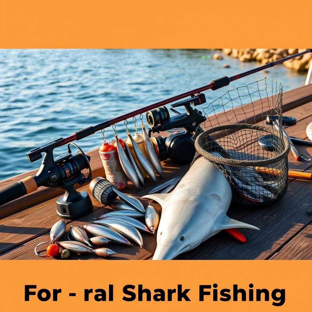 A well-equipped shark fishing setup, featuring a sturdy rod and reel combo, a selection of baited hooks and lures, a heavy-duty line and tackle, and a large net for handling the catch. The gear is arranged neatly on a wooden dock, with a picturesque coastal landscape in the background, bathed in warm, golden sunlight. The mood is one of anticipation and adventure, capturing the essence of the "Essential Gear for Shark Fishing" section. A well-equipped shark fishing setup, featuring a sturdy rod and reel combo, a selection of baited hooks and lures, a heavy-duty line and tackle, and a large net for handling the catch. The gear is arranged neatly on a wooden dock, with a picturesque coastal landscape in the background, bathed in warm, golden sunlight. The mood is one of anticipation and adventure, capturing the essence of the "Essential Gear for Shark Fishing" section.