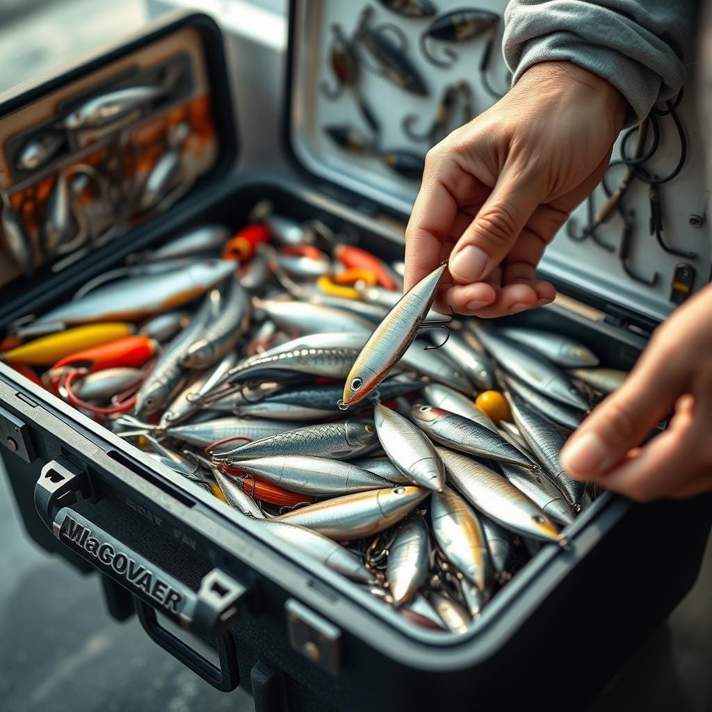 A well-lit, close-up shot of a tackle box filled with a diverse array of fishing lures, hooks, and other essential gear. The box is open, revealing its meticulously organized contents, each item gleaming under the soft, natural lighting. In the foreground, a pair of experienced hands carefully selects a few key pieces, the process conveying the importance of choosing the right tackle for a successful bonito fishing expedition. The background is blurred, focusing the viewer's attention on the tackle and the thoughtful decision-making process. The overall scene exudes a sense of preparation, expertise, and the anticipation of a productive and enjoyable fishing trip. A well-lit, close-up shot of a tackle box filled with a diverse array of fishing lures, hooks, and other essential gear. The box is open, revealing its meticulously organized contents, each item gleaming under the soft, natural lighting. In the foreground, a pair of experienced hands carefully selects a few key pieces, the process conveying the importance of choosing the right tackle for a successful bonito fishing expedition. The background is blurred, focusing the viewer's attention on the tackle and the thoughtful decision-making process. The overall scene exudes a sense of preparation, expertise, and the anticipation of a productive and enjoyable fishing trip.