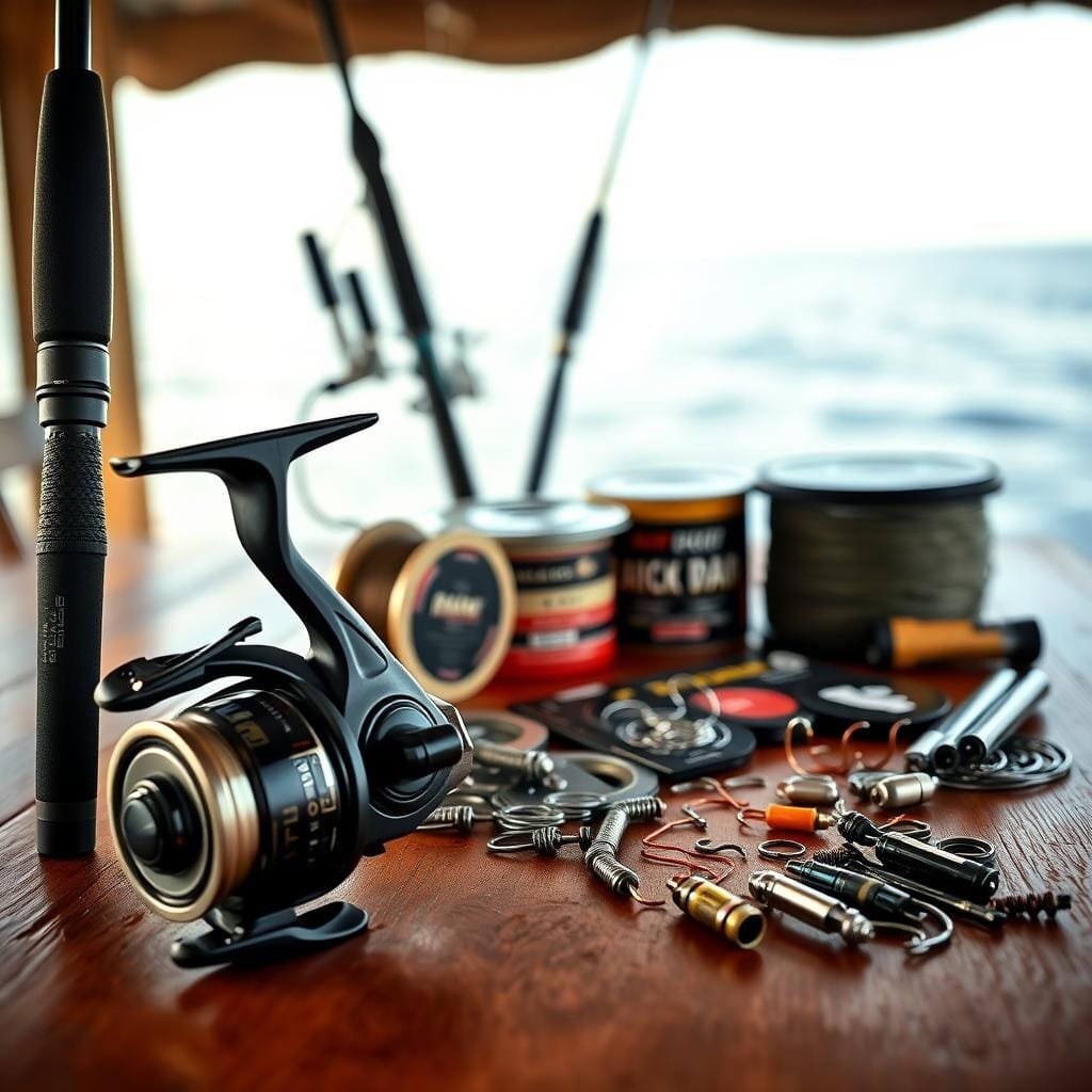 A well-lit fishing gear arrangement on a wooden table, showcasing various black drum fishing equipment. In the foreground, a sleek spinning reel with a strong graphite rod, both in matte black finish. In the middle ground, an assortment of high-test braided lines, weighted hooks, and sturdy terminal tackle. The background features a soft-focus backdrop of a coastal landscape, hinting at the natural environment where black drum thrive. The lighting is natural and diffused, creating a sense of warmth and authenticity. The overall composition emphasizes the key elements needed for a successful black drum fishing expedition.