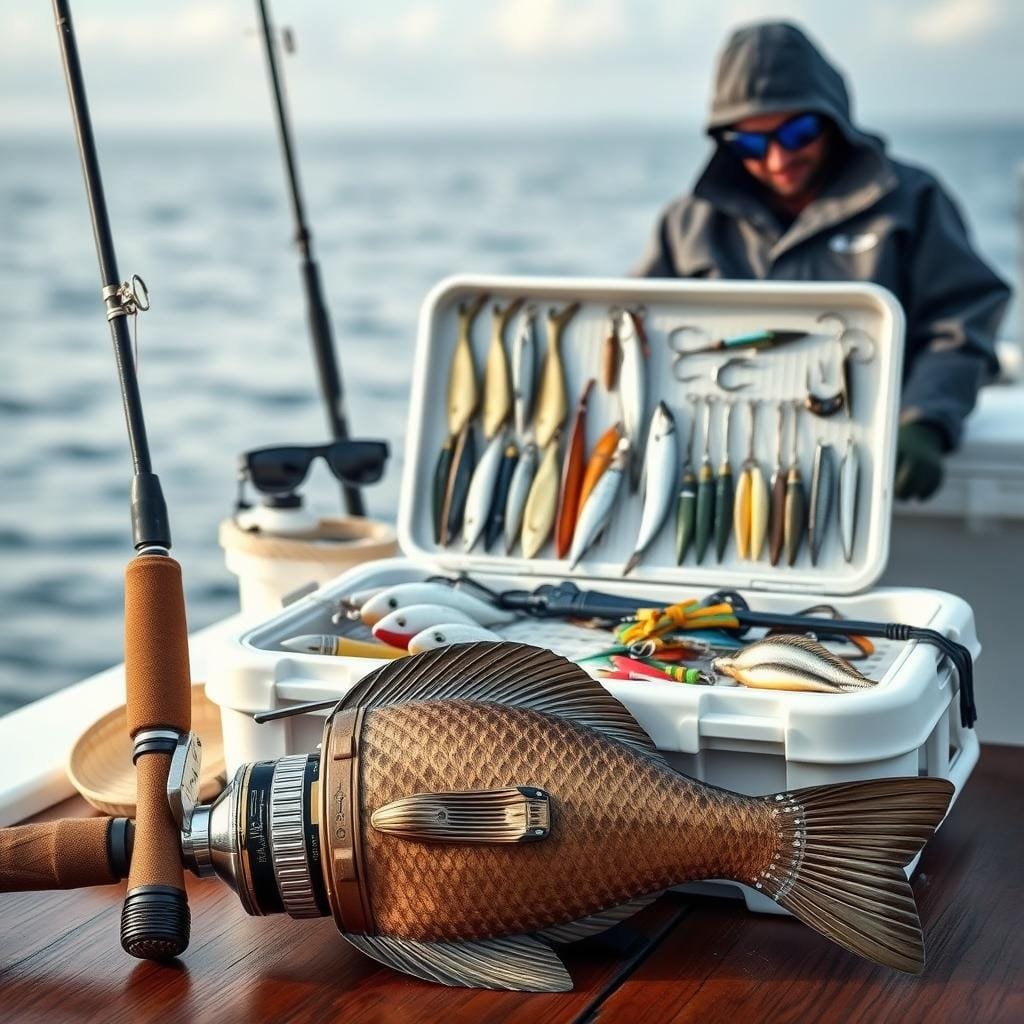 A well-lit, high-resolution photograph of an array of essential fishing gear for catching grouper. In the foreground, a sturdy saltwater fishing rod and reel combo with a heavy-duty line, hooks, and sinkers. In the middle ground, a tackle box filled with an assortment of lures, jigs, and live bait rigs. In the background, a pair of polarized sunglasses, a waterproof rain jacket, and a cooler for storing the catch. The scene is set against a blurred backdrop of a tranquil coastal landscape, conveying the serene atmosphere of a successful grouper fishing expedition.