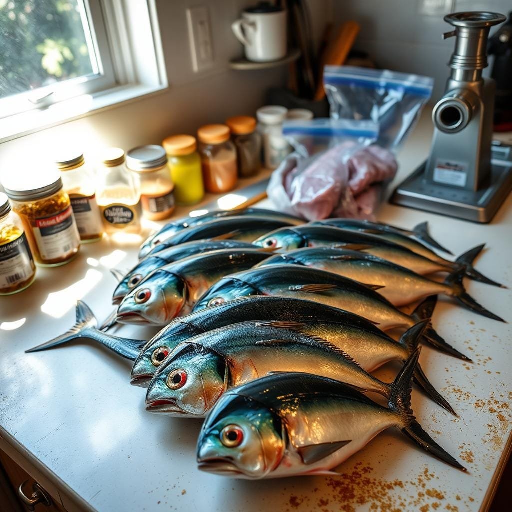 A well-lit kitchen counter, the surface covered in a fresh catch of glistening mahi mahi. The fish, vibrant in color, have been carefully cleaned and prepared for preservation. Nearby, jars of marinade, seasoning rubs, and vacuum-sealed bags await, ready to keep the catch fresh and flavorful. A vintage meat grinder sits idle, hinting at traditional smoking or curing methods. Dappled natural light streams in, illuminating the scene with a warm, rustic ambiance. The focus is on the fish, the centerpiece of this process, as the viewer is drawn into the thoughtful steps required to preserve the day's hard-earned bounty.