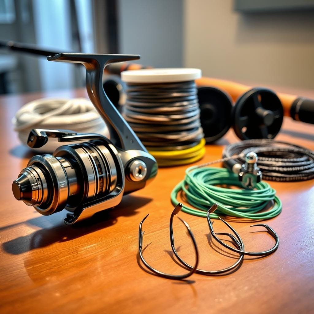 A well-lit table showcases an assortment of premium marlin fishing tackle. In the foreground, a sleek, high-performance reel with a polished chrome finish and an ergonomic carbon fiber handle. Next to it, a pair of sturdy, corrosion-resistant hooks with razor-sharp points. In the middle ground, a selection of supple yet durable monofilament and braided lines in various test strengths, coiled neatly. In the background, a state-of-the-art fishing rod with a sensitive graphite blank and a stylish, balanced design. The scene conveys a sense of preparedness and attention to detail, setting the stage for a successful marlin fishing expedition. A well-lit table showcases an assortment of premium marlin fishing tackle. In the foreground, a sleek, high-performance reel with a polished chrome finish and an ergonomic carbon fiber handle. Next to it, a pair of sturdy, corrosion-resistant hooks with razor-sharp points. In the middle ground, a selection of supple yet durable monofilament and braided lines in various test strengths, coiled neatly. In the background, a state-of-the-art fishing rod with a sensitive graphite blank and a stylish, balanced design. The scene conveys a sense of preparedness and attention to detail, setting the stage for a successful marlin fishing expedition.