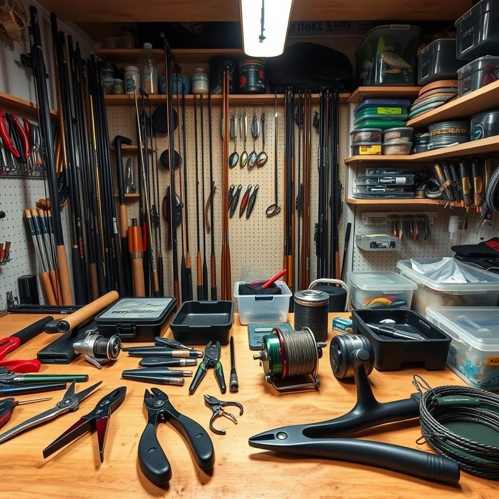 A well-organized workshop filled with meticulously maintained carp fishing equipment. In the foreground, a wooden workbench hosts an array of tools - pliers, line clippers, and a spool winder. Rods, reels, and tackle boxes are arranged neatly, their surfaces gleaming from a recent cleaning. Soft, diffused lighting from overhead casts a warm, inviting glow, highlighting the care and attention given to each piece of gear. In the background, shelves hold an assortment of baits, lures, and accessories, all precisely organized for easy access. The atmosphere conveys a sense of order, dedication, and a passion for the sport of carp fishing.