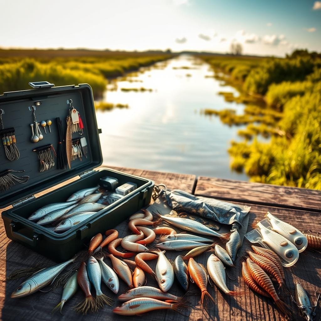 A well-stocked tackle box sits on a weathered wooden dock, its contents neatly arranged. Rows of shiny lures, hooks, and an assortment of natural baits like shrimp, mullet, and live minnows are displayed in the foreground. The middle ground features a picturesque coastal scene, with a serene waterway leading towards the horizon, framed by lush, verdant marshes. Warm, golden sunlight filters through the scene, casting a soft, inviting glow and highlighting the textures of the materials. The overall mood is one of anticipation and preparation, as the angler prepares to target the elusive, hard-fighting redfish.