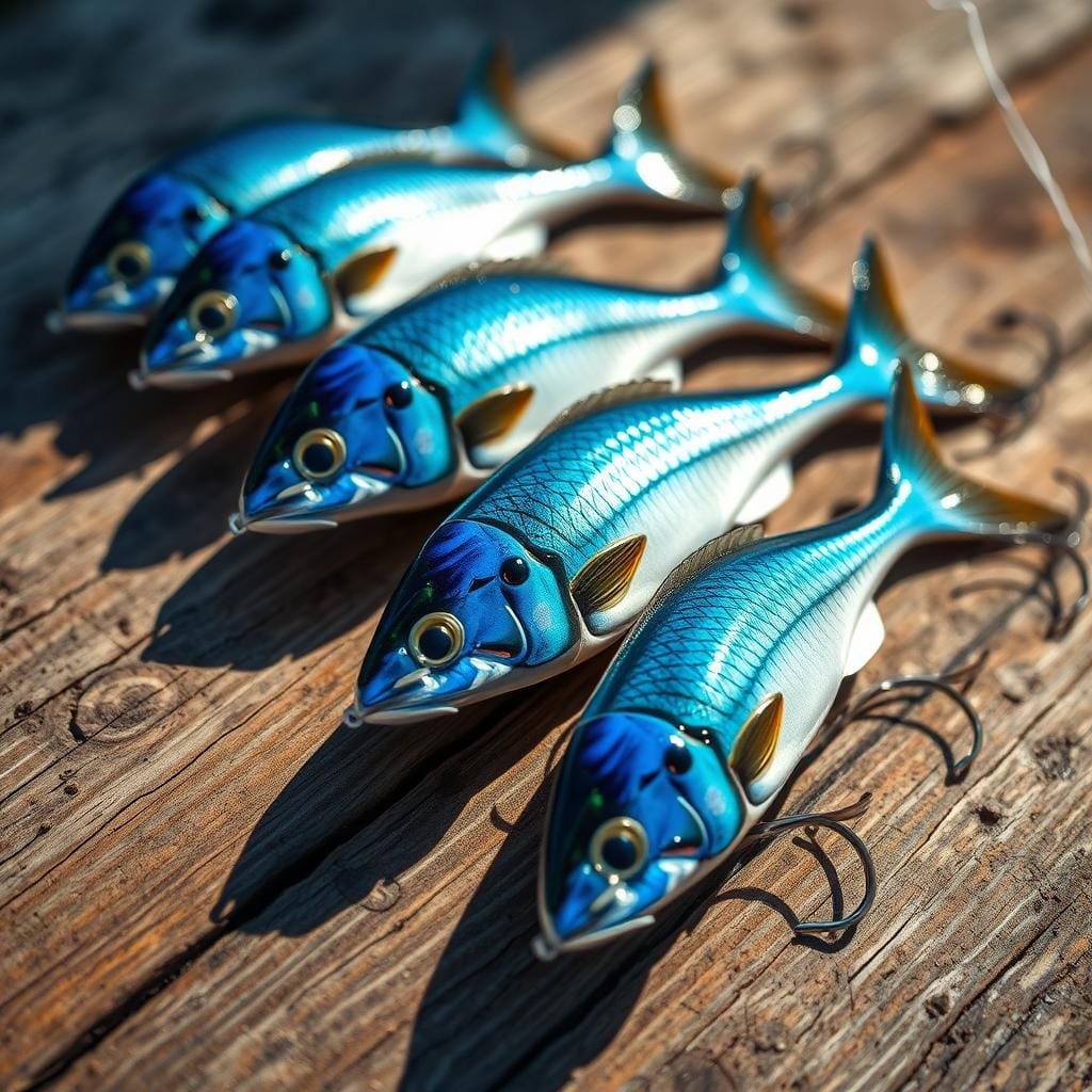 An artfully crafted set of realistic artificial bluefish lures, meticulously arranged on a weathered wooden surface. The lures feature a vibrant blue and silver color scheme, with intricate details and lifelike textures that mimic the natural features of baitfish. The lures are illuminated by soft, natural lighting, casting subtle shadows and highlights that accentuate their three-dimensional forms. The background is slightly blurred, drawing the viewer's attention to the alluring array of fishing tackle, which appears ready to tempt the most elusive bluefish into striking.