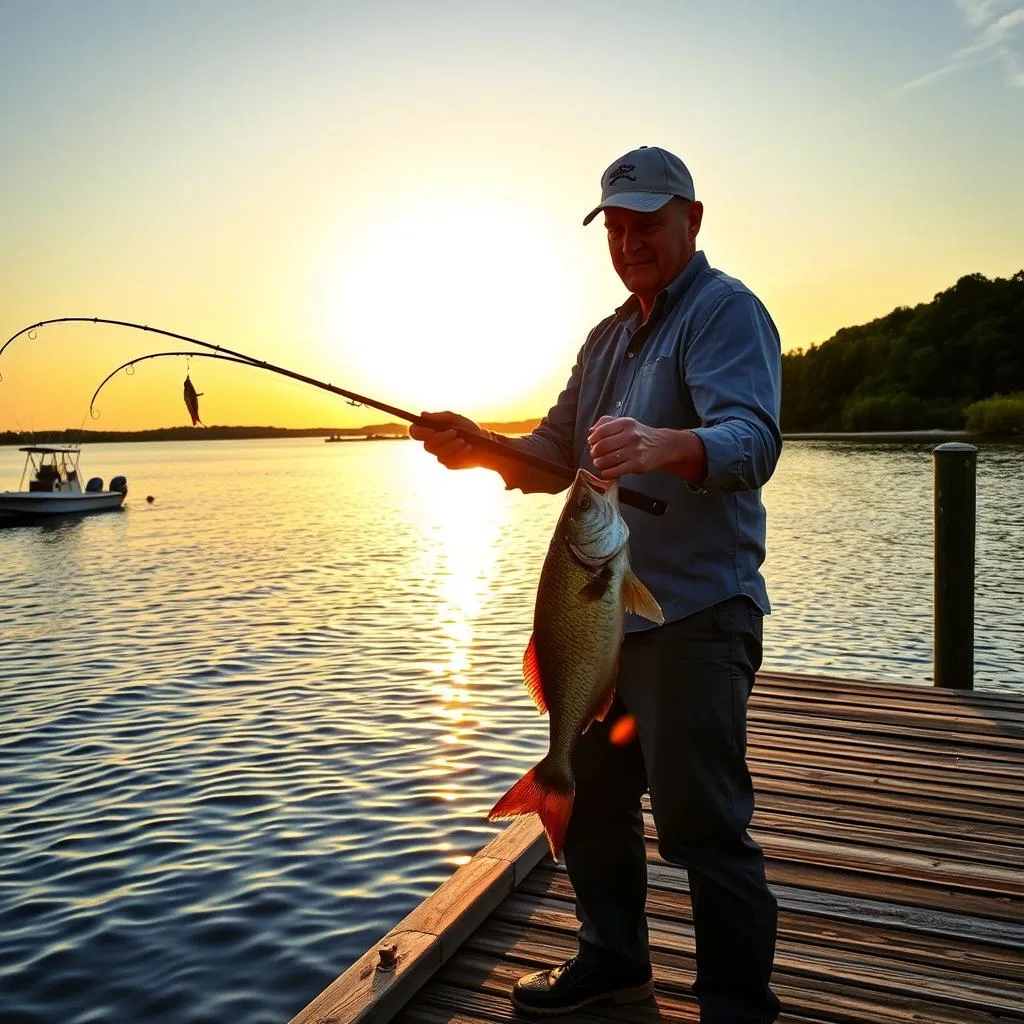 An experienced fisherman standing on a wooden dock, expertly jigging a long rod with a flounder lure. The water is calm and clear, with a subtle ripple on the surface. The sun is setting, casting a warm, golden glow over the scene. In the background, a small fishing boat is moored, and the distant shoreline is dotted with lush, green foliage. The fisherman's face is focused, his movements precise, as he works the lure in a steady, rhythmic motion, anticipating the telltale strike of a flounder. The atmosphere is one of tranquility and mastery, capturing the essence of the "Mastering the Art of Flounder Fishing Techniques" section.
