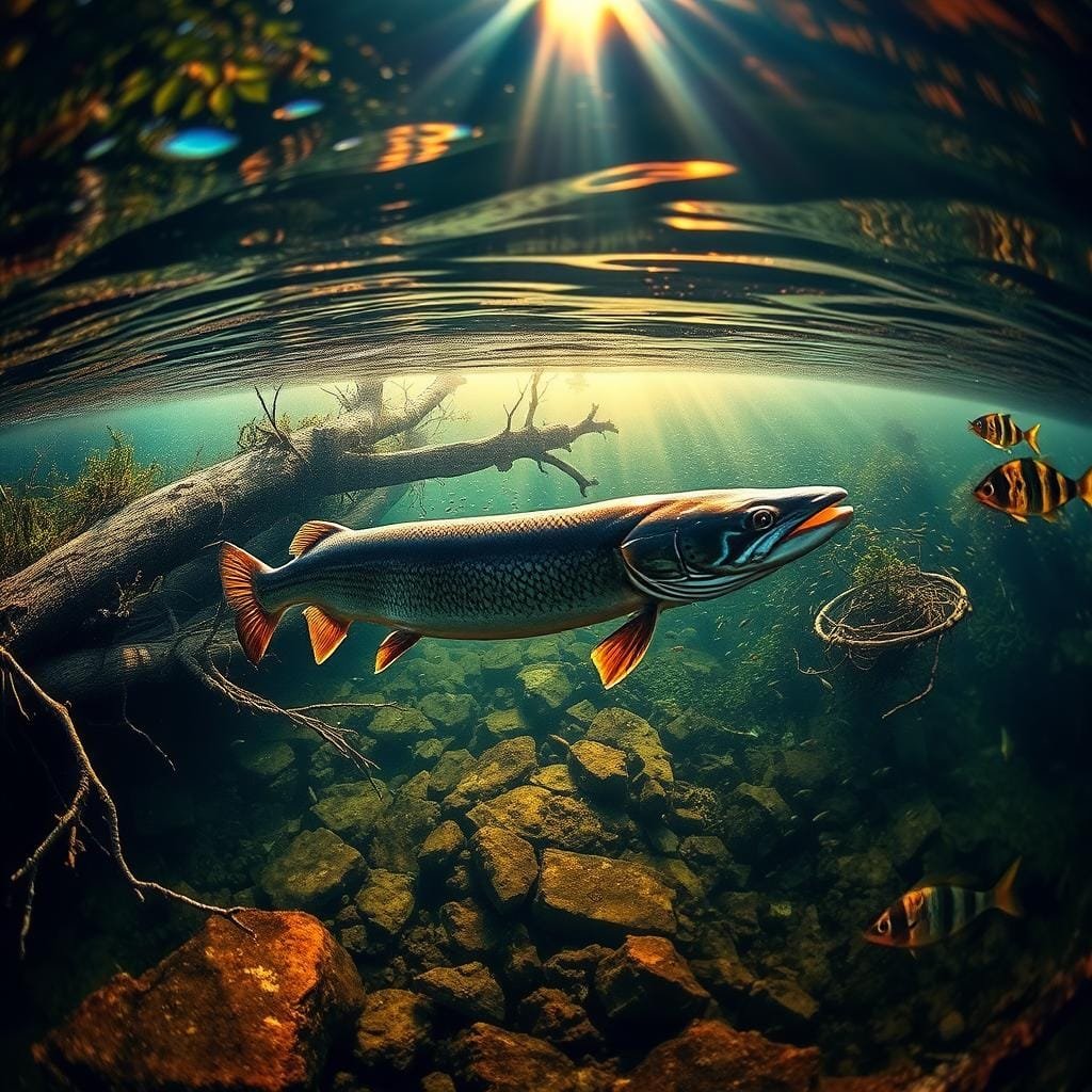 An underwater scene showcasing a prime muskie habitat. In the foreground, a large muskie swims gracefully amidst a lush, submerged structure of fallen logs, branches, and dense aquatic vegetation. The middle ground reveals a rocky, sunlit bottom with schools of baitfish darting through the shadows. Overhead, shafts of warm, golden light pierce the water's surface, creating a serene, ambient glow. The background depicts a tranquil, deep-blue expanse, hinting at the depths that this apex predator calls home. Captured with a wide-angle lens and natural, soft lighting to emphasize the muskie's powerful, streamlined form and the habitat's intricate details. An underwater scene showcasing a prime muskie habitat. In the foreground, a large muskie swims gracefully amidst a lush, submerged structure of fallen logs, branches, and dense aquatic vegetation. The middle ground reveals a rocky, sunlit bottom with schools of baitfish darting through the shadows. Overhead, shafts of warm, golden light pierce the water's surface, creating a serene, ambient glow. The background depicts a tranquil, deep-blue expanse, hinting at the depths that this apex predator calls home. Captured with a wide-angle lens and natural, soft lighting to emphasize the muskie's powerful, streamlined form and the habitat's intricate details.