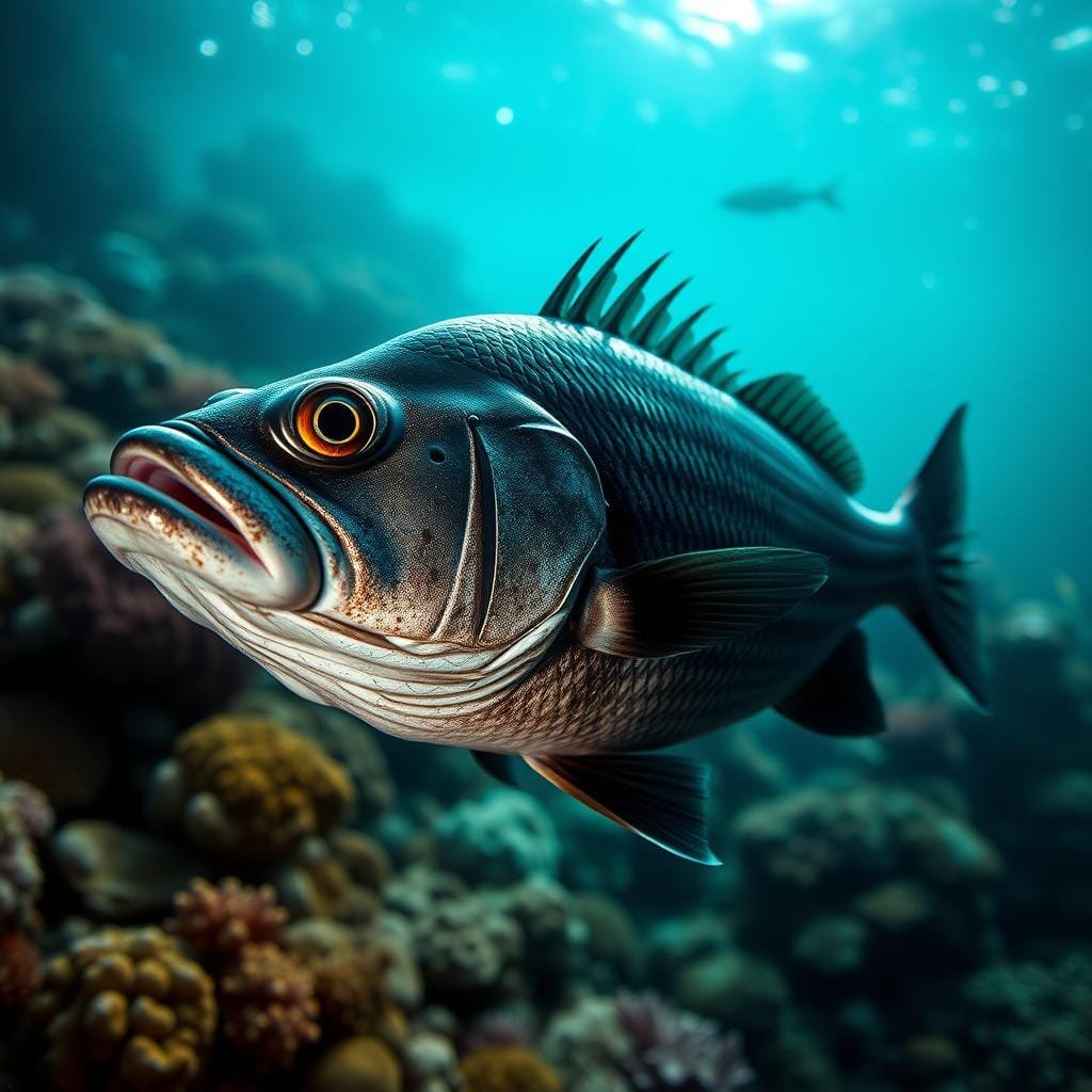 Black Sea Bass in natural habitat, high-resolution close-up. Foreground: Detailed, photorealistic rendering of a Black Sea Bass, showing distinct markings, scales, fins, and mouth. Middle ground: Underwater seascape with vibrant coral, rocks, and other marine life. Background: Shimmering, blue-green water with natural lighting and subtle depth of field. Cinematic, 35mm lens perspective. Dramatic, moody atmosphere with realistic underwater lighting and shadows. Emphasis on the distinct features and characteristics of the Black Sea Bass species. Black Sea Bass in natural habitat, high-resolution close-up. Foreground: Detailed, photorealistic rendering of a Black Sea Bass, showing distinct markings, scales, fins, and mouth. Middle ground: Underwater seascape with vibrant coral, rocks, and other marine life. Background: Shimmering, blue-green water with natural lighting and subtle depth of field. Cinematic, 35mm lens perspective. Dramatic, moody atmosphere with realistic underwater lighting and shadows. Emphasis on the distinct features and characteristics of the Black Sea Bass species.