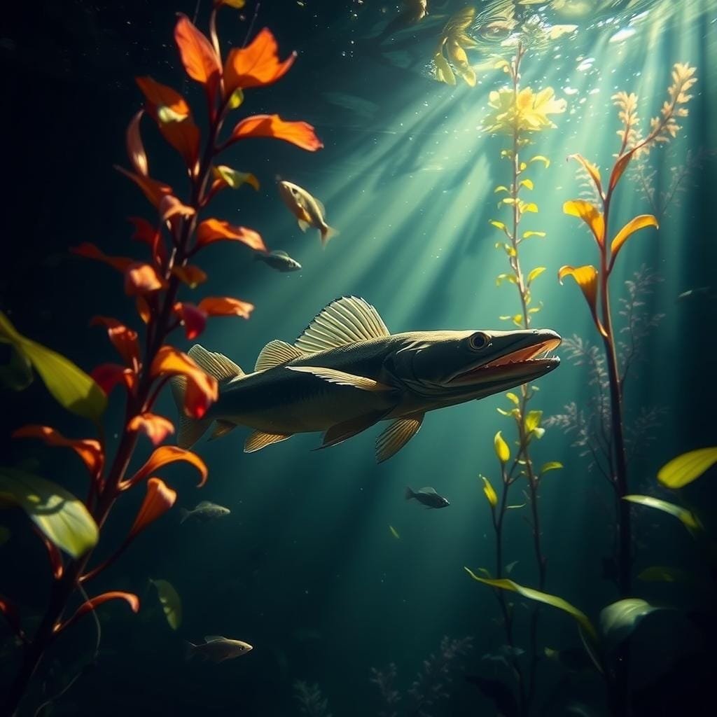Bowfin, an ancient freshwater predator, prowling through a lush underwater ecosystem. A striking side-profile view captures its elongated body and fierce jaws as it zeroes in on unsuspecting prey. Dappled sunlight filters through the murky water, casting a moody, atmospheric glow. Vibrant aquatic plants sway in the current, framing the bowfin's stalking behavior. The scene conveys the predator's keen senses and single-minded focus, ready to ambush its next meal. Rendered with a keen eye for detail and a sense of dynamic motion, this image illustrates the bowfin's unique hunting strategy in its natural habitat. Bowfin, an ancient freshwater predator, prowling through a lush underwater ecosystem. A striking side-profile view captures its elongated body and fierce jaws as it zeroes in on unsuspecting prey. Dappled sunlight filters through the murky water, casting a moody, atmospheric glow. Vibrant aquatic plants sway in the current, framing the bowfin's stalking behavior. The scene conveys the predator's keen senses and single-minded focus, ready to ambush its next meal. Rendered with a keen eye for detail and a sense of dynamic motion, this image illustrates the bowfin's unique hunting strategy in its natural habitat.