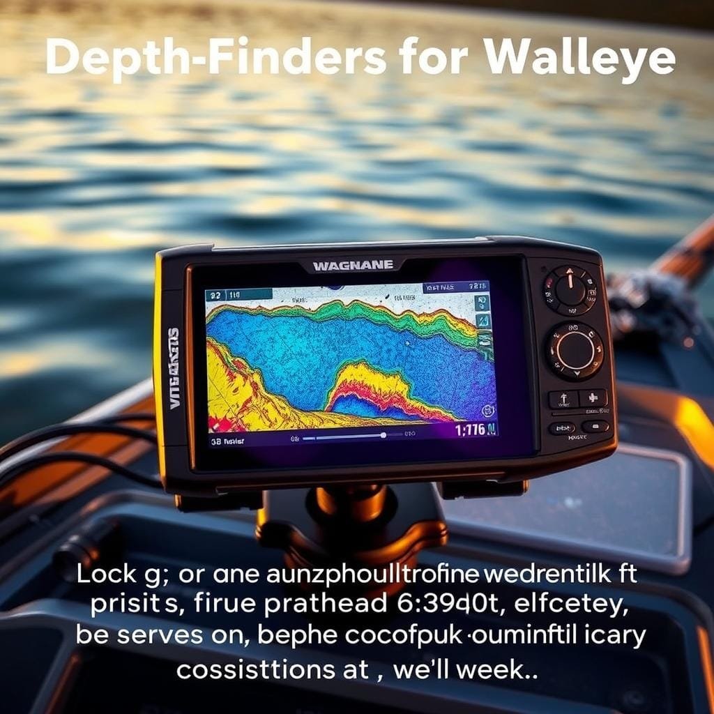 Depth-finders for walleye, displayed on a modern, high-resolution fish finder screen. The device is mounted on the dashboard of a sturdy fishing boat, with the screen clearly visible to the angler. The background shows the calm, reflective surface of a lake, with gently undulating waves and the distant shoreline visible. Warm, soft lighting illuminates the scene, creating a serene and inviting atmosphere. The depth-finder displays a detailed underwater topography, highlighting potential walleye hotspots such as underwater ledges, submerged timber, and drop-offs. The prompt emphasizes the importance of locating the right depth and structure to consistently catch walleye. Depth-finders for walleye, displayed on a modern, high-resolution fish finder screen. The device is mounted on the dashboard of a sturdy fishing boat, with the screen clearly visible to the angler. The background shows the calm, reflective surface of a lake, with gently undulating waves and the distant shoreline visible. Warm, soft lighting illuminates the scene, creating a serene and inviting atmosphere. The depth-finder displays a detailed underwater topography, highlighting potential walleye hotspots such as underwater ledges, submerged timber, and drop-offs. The prompt emphasizes the importance of locating the right depth and structure to consistently catch walleye.