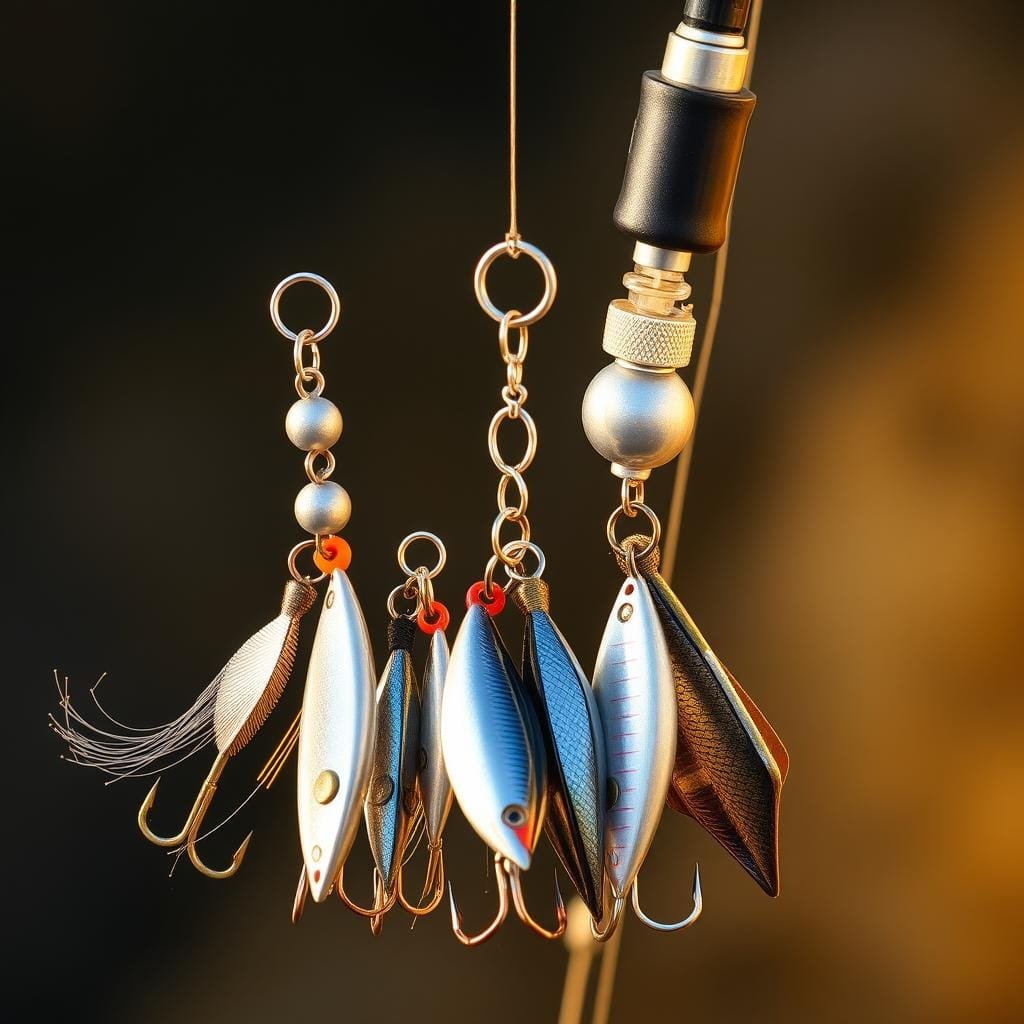 Detailed close-up of an advanced bonito fishing rig, showcasing a variety of specialized terminal tackle components. The rig is composed of a high-test monofilament main line, a fluorocarbon leader, a strong ball-bearing swivel, and an array of carefully selected hooks, jigs, and lures designed to target the elusive bonito. The scene is set against a softly blurred, out-of-focus background, drawing the viewer's attention to the intricate details of the rig. Warm, natural lighting illuminates the scene, creating subtle shadows and highlights that accentuate the textures and materials used. The overall composition conveys a sense of precision, expertise, and the thoughtful preparation required for successful bonito fishing. Detailed close-up of an advanced bonito fishing rig, showcasing a variety of specialized terminal tackle components. The rig is composed of a high-test monofilament main line, a fluorocarbon leader, a strong ball-bearing swivel, and an array of carefully selected hooks, jigs, and lures designed to target the elusive bonito. The scene is set against a softly blurred, out-of-focus background, drawing the viewer's attention to the intricate details of the rig. Warm, natural lighting illuminates the scene, creating subtle shadows and highlights that accentuate the textures and materials used. The overall composition conveys a sense of precision, expertise, and the thoughtful preparation required for successful bonito fishing.