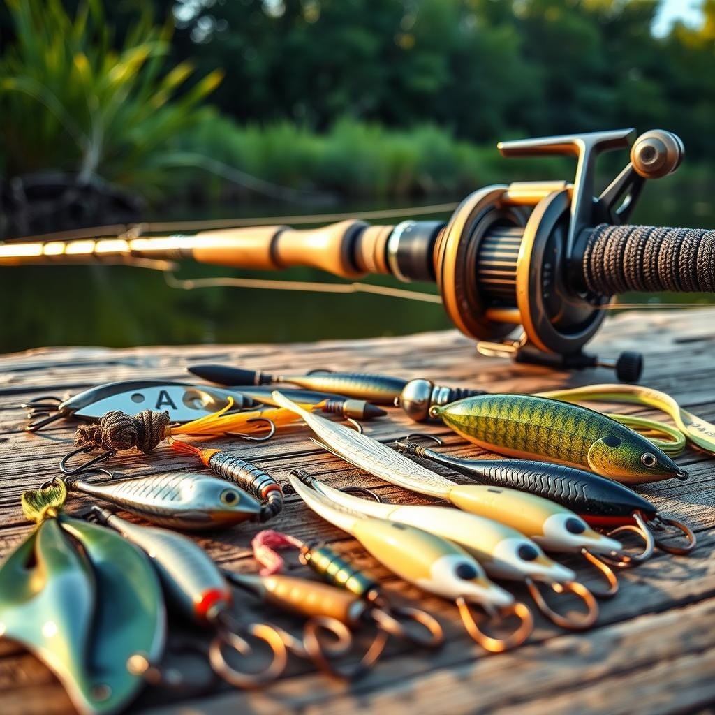 Detailed close-up view of a DIY gar fishing rig with custom lures and tackle. Foreground shows a variety of hand-crafted lures and hooks, meticulously designed for gar fishing, laid out on a wooden surface. Middle ground features a sturdy fishing rod and reel with thick braided line, ready for action. Background depicts a tranquil riverbank setting with lush greenery and reflective water. Warm natural lighting casts a golden glow, highlighting the intricate textures and craftsmanship of the custom gar fishing gear. The overall scene conveys a sense of dedication, skill, and the unique challenges of targeting these prehistoric fish.