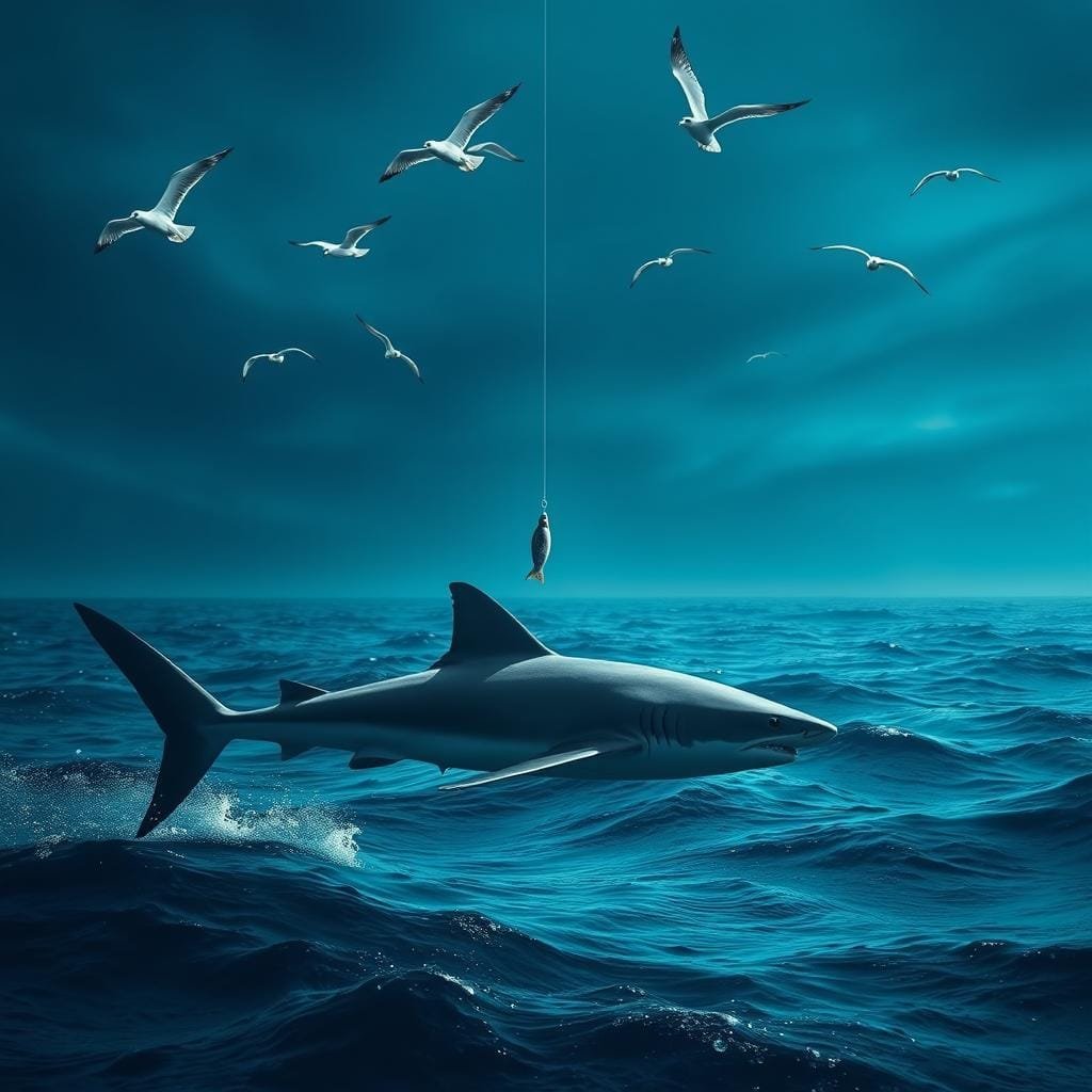 Dramatic ocean scene, dramatic lighting illuminating the water's surface. In the foreground, a large, powerful shark gracefully glides, its sleek, grey body accentuated by the deep blue hues of the ocean. Circling above, seagulls soar, their silhouettes casting long shadows across the waves. In the middle ground, a tantalizing bait dangles, suspended by an invisible line, luring the shark ever closer. The background is a vast, open expanse of the open sea, the horizon line fading into the distance. The overall mood is one of tension and anticipation, as the shark approaches the lure, its keen senses attuned to the promise of a potential meal. Dramatic ocean scene, dramatic lighting illuminating the water's surface. In the foreground, a large, powerful shark gracefully glides, its sleek, grey body accentuated by the deep blue hues of the ocean. Circling above, seagulls soar, their silhouettes casting long shadows across the waves. In the middle ground, a tantalizing bait dangles, suspended by an invisible line, luring the shark ever closer. The background is a vast, open expanse of the open sea, the horizon line fading into the distance. The overall mood is one of tension and anticipation, as the shark approaches the lure, its keen senses attuned to the promise of a potential meal.