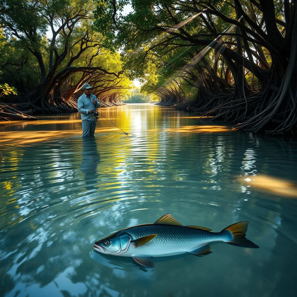 Estuary flounder fishing: A serene inlet with lush mangroves lining the banks, their twisted roots extending into the shallow, brackish waters. In the foreground, a skilled angler stands waist-deep, casting a line with a delicate touch, eyes focused on the gentle ripples for any sign of a flounder's strike. Shafts of golden afternoon light filter through the canopy, casting a warm glow over the scene. The flounder, camouflaged against the mottled sand and mud, lies in wait, ready to ambush its prey. This tranquil, natural setting is the perfect backdrop for the patient pursuit of these elusive yet delectable flatfish.