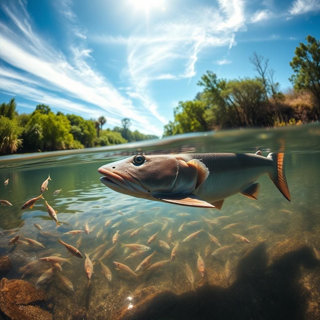 Flathead catfish in their natural habitat, swimming in a sun-dappled river during the spring season. In the foreground, a large flathead catfish glides effortlessly through the calm, clear waters, its whisker-like barbels and distinctive flat head clearly visible. In the middle ground, schools of smaller baitfish dart through the shallows, while in the background, lush riverbank vegetation and a blue sky with wispy clouds create a serene, tranquil atmosphere. The lighting is soft and natural, casting gentle shadows and highlights that accentuate the contours of the fish and its environment. Captured with a wide-angle lens to provide a comprehensive view of the seasonal behavior of this powerful, predatory species. Flathead catfish in their natural habitat, swimming in a sun-dappled river during the spring season. In the foreground, a large flathead catfish glides effortlessly through the calm, clear waters, its whisker-like barbels and distinctive flat head clearly visible. In the middle ground, schools of smaller baitfish dart through the shallows, while in the background, lush riverbank vegetation and a blue sky with wispy clouds create a serene, tranquil atmosphere. The lighting is soft and natural, casting gentle shadows and highlights that accentuate the contours of the fish and its environment. Captured with a wide-angle lens to provide a comprehensive view of the seasonal behavior of this powerful, predatory species.