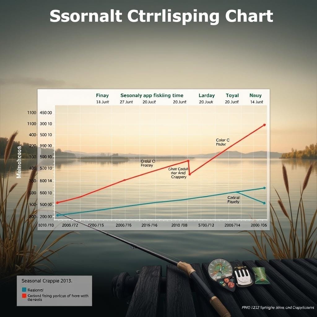 Seasonal crappie fishing chart, rendered in a realistic, technical style. A detailed illustration showcasing the optimal times and seasons for targeting crappie, set against a muted, naturalistic backdrop. The foreground features a comprehensive graph with seasonal variations in crappie activity and behavior, color-coded and annotated with key details. The middle ground depicts a serene, lakeside scene with a fishing rod and tackle, while the background subtly incorporates related elements like aquatic plants, seasonal foliage, and atmospheric lighting to establish the appropriate mood and context. Crisp, high-resolution rendering with a focus on accuracy and visual clarity to serve as a valuable reference for anglers.