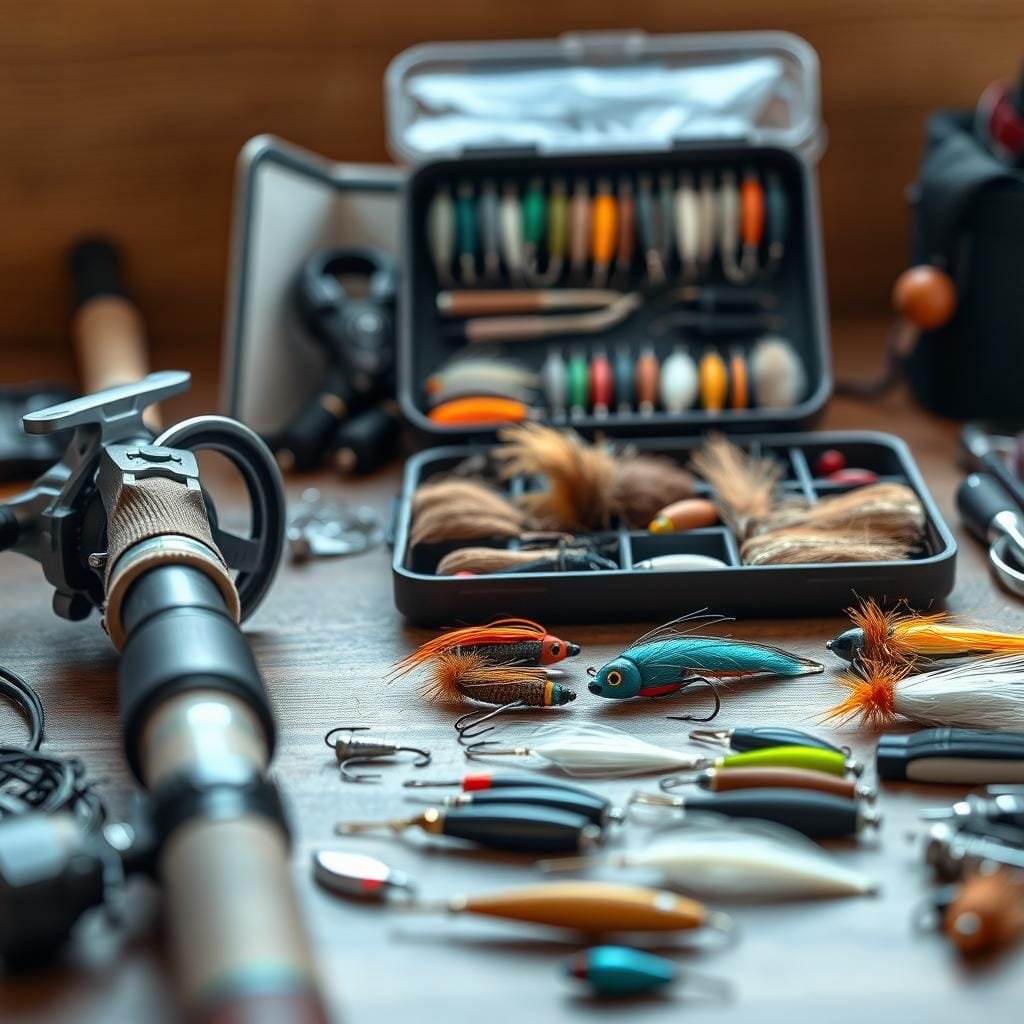 Selecting Fishing Equipment for Brown Trout A neatly arranged display of essential brown trout fishing gear. In the foreground, a high-quality fly rod and reel, with various lures, hooks, and leaders meticulously laid out. In the middle ground, a well-stocked tackle box showcasing an array of colorful, expertly-tied flies and other bait options. The background features a wooden surface, perhaps a rustic workbench, with a subtle natural light filtering through, creating a warm, inviting atmosphere. The overall scene conveys a sense of expertise, preparation, and the anticipation of a successful brown trout fishing expedition.