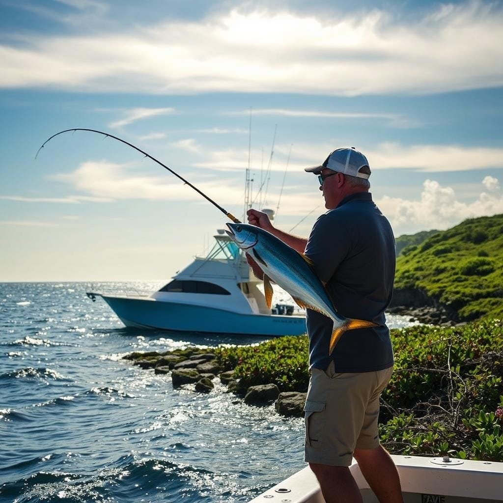 Serene coastal landscape, with a gentle ocean breeze and the sun's warm glow filtering through wispy clouds. In the foreground, a skilled angler meticulously casts a line, employing sustainable fishing techniques to ensure the responsible harvesting of a prized king mackerel. The middle ground showcases a well-maintained, eco-friendly fishing vessel, its design emphasizing efficiency and environmental stewardship. In the background, a lush, verdant shoreline dotted with native flora, a testament to the angler's commitment to preserving the delicate coastal ecosystem. The scene radiates a sense of harmony between man and nature, capturing the essence of responsible, sustainable angling.