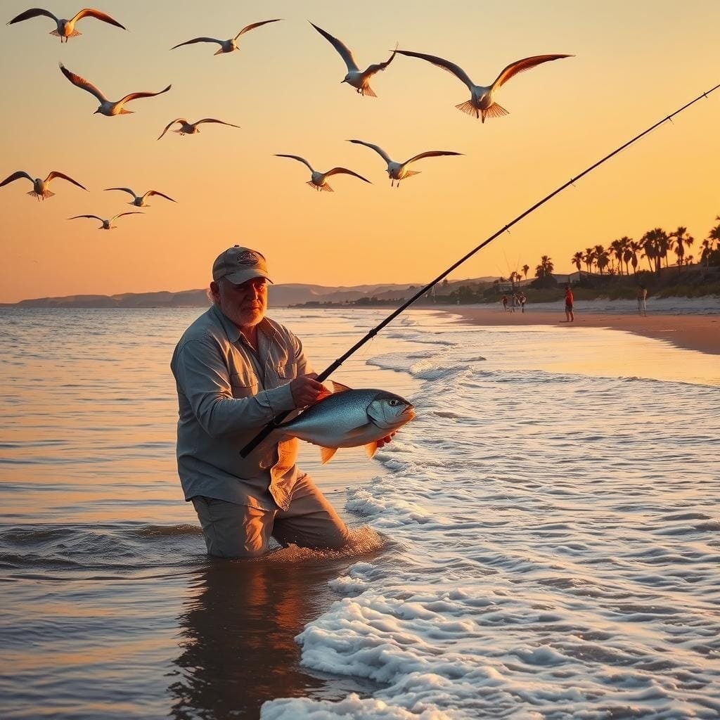 Sunset-lit scene of a coastal beach, the waves gently lapping the shoreline. In the foreground, a fisherman stands knee-deep in the water, his rod bent as he reels in a shimmering pompano. Gulls circle overhead, their cries mingling with the sound of the surf. The fisherman's weathered face is focused, his movements precise as he handles the catch. In the middle ground, other anglers dot the beach, their lines casting out into the golden-hued water. The background features a panoramic view of the coastline, with rolling dunes and swaying palm trees. The lighting is warm and atmospheric, conveying the tranquil mood of a successful day of pompano fishing.
