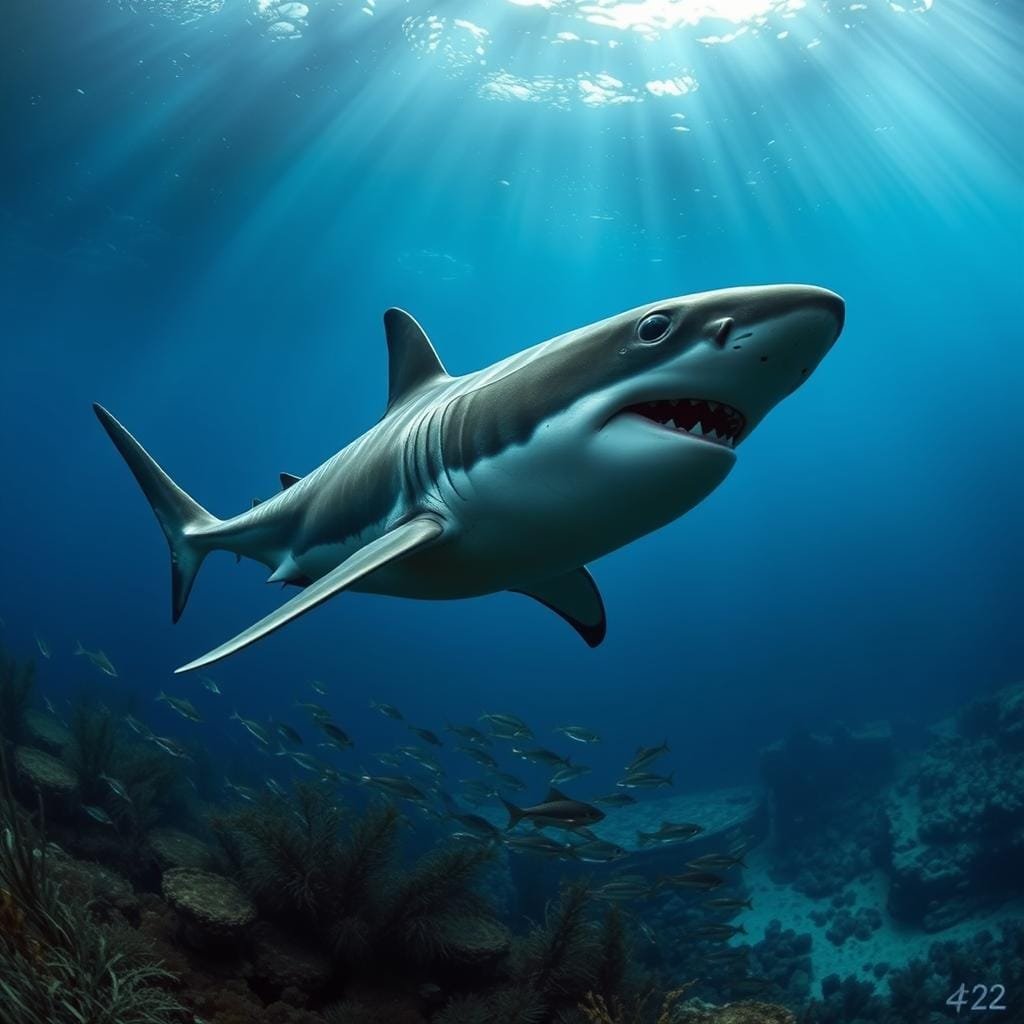 Underwater scene, deep-sea shark hunting its prey. In the foreground, a massive, sleek great white shark with piercing eyes and a powerful jaw glides effortlessly through the inky blue waters. Shafts of sunlight pierce the depths, illuminating the shark's predatory movements. In the middle ground, a school of smaller fish scatter in a desperate attempt to evade the shark's relentless pursuit. The background is a vast, mysterious ocean landscape, with kelp forests and rocky outcroppings fading into the distance. The overall mood is one of tension and primal energy, capturing the raw power and grace of the deep-sea predator. Underwater scene, deep-sea shark hunting its prey. In the foreground, a massive, sleek great white shark with piercing eyes and a powerful jaw glides effortlessly through the inky blue waters. Shafts of sunlight pierce the depths, illuminating the shark's predatory movements. In the middle ground, a school of smaller fish scatter in a desperate attempt to evade the shark's relentless pursuit. The background is a vast, mysterious ocean landscape, with kelp forests and rocky outcroppings fading into the distance. The overall mood is one of tension and primal energy, capturing the raw power and grace of the deep-sea predator.