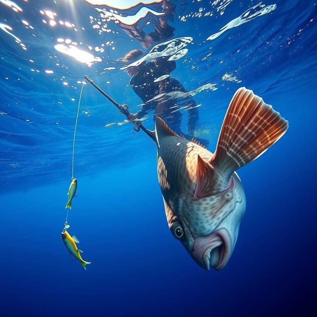 Vertical jigging techniques for grouper: An intricate dance of rod, line, and lure in the deep blue. A skilled angler stands poised, line taut, eyes scanning the depths for the telltale strike. Bait dances alluringly on the end of the line, enticing the powerful predator to rise from its rocky lair. Sunlight filters through the water, casting rippling patterns on the surface, as the angler's careful movements guide the lure in a rhythmic up-and-down motion, mirroring the natural sway of baitfish. Tension builds, anticipation palpable, until the thunderous strike - a massive grouper erupting from the abyss, jaws agape, in pursuit of its prize. This is the essence of advanced grouper fishing.