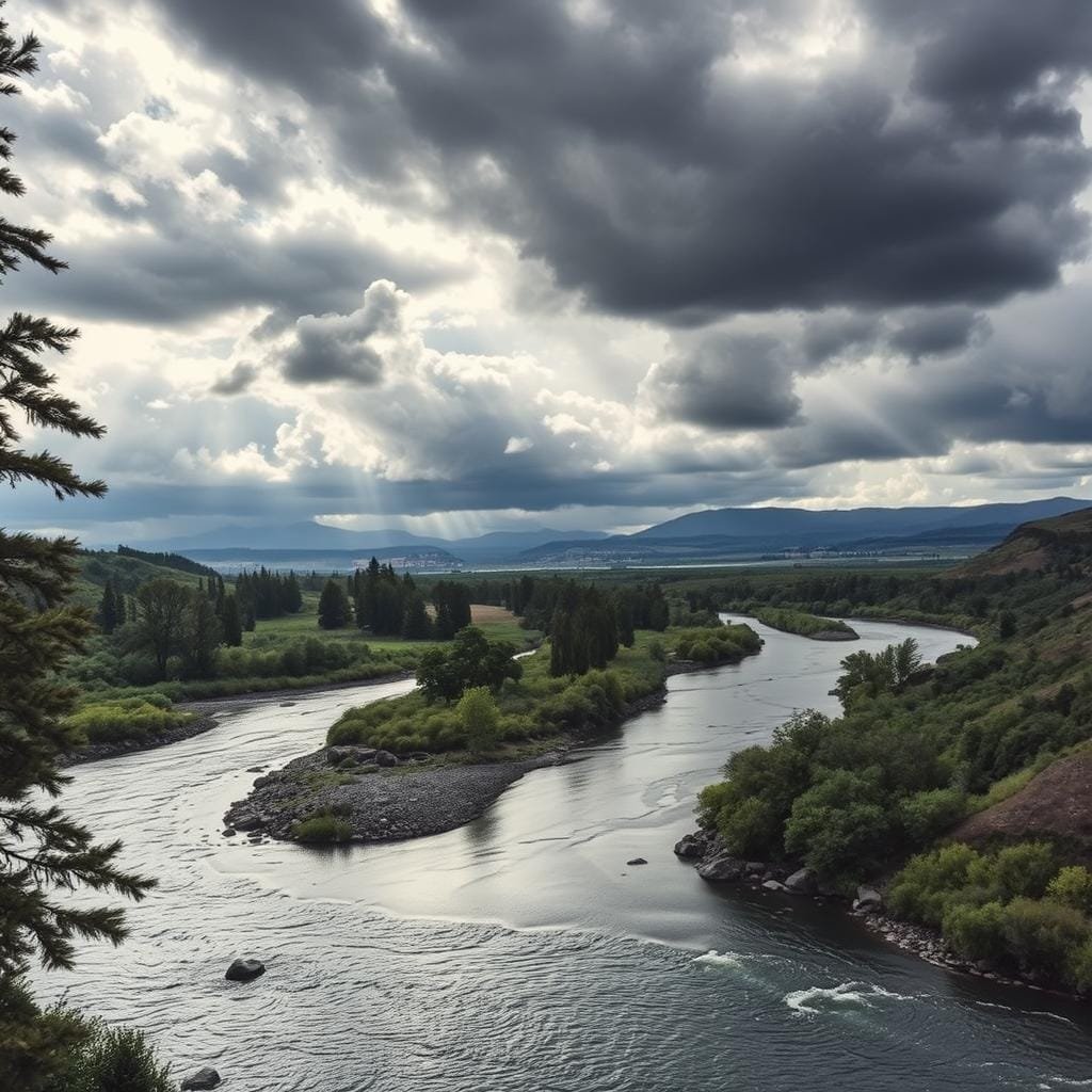 a detailed aerial view of a picturesque river landscape, with a meandering brown trout stream weaving through lush green foliage and rocky outcroppings. The sky is filled with dramatic storm clouds, casting a moody, atmospheric lighting across the scene. The rippling water reflects the shifting patterns of the clouds above, creating a captivating interplay of light and shadow. In the foreground, the silhouettes of tall, swaying trees frame the composition, while in the distance, rolling hills and distant mountains add depth and scale to the panorama. The overall mood is one of tranquility and power, capturing the essence of "brown trout weather" - a confluence of natural elements that create the perfect conditions for these elusive fish to thrive.