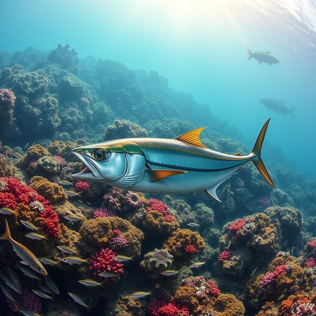 A Spanish mackerel swims gracefully amidst a vibrant underwater scene. In the foreground, the mackerel's sleek, silvery body darts through a school of smaller baitfish, its jaws open, ready to snap up its prey. In the middle ground, a coral reef teeming with colorful marine life provides a lush backdrop, while sunlight filters down from the surface, casting a warm, ethereal glow. In the distance, a shadowy silhouette of a larger predator fish lurks, hinting at the mackerel's own place in the complex ocean food chain. The overall scene conveys the dynamic, predatory nature of the Spanish mackerel and its role as a key player in the diverse marine ecosystem. A Spanish mackerel swims gracefully amidst a vibrant underwater scene. In the foreground, the mackerel's sleek, silvery body darts through a school of smaller baitfish, its jaws open, ready to snap up its prey. In the middle ground, a coral reef teeming with colorful marine life provides a lush backdrop, while sunlight filters down from the surface, casting a warm, ethereal glow. In the distance, a shadowy silhouette of a larger predator fish lurks, hinting at the mackerel's own place in the complex ocean food chain. The overall scene conveys the dynamic, predatory nature of the Spanish mackerel and its role as a key player in the diverse marine ecosystem.