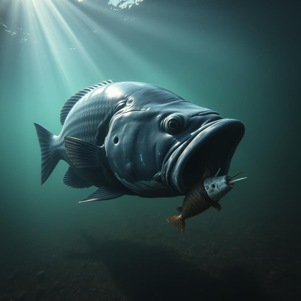 A black drum fish silently cruising through the murky waters, its large body undulating gracefully as it searches for prey. Zooming in, we see its sensitive barbels delicately probing the seafloor, detecting the telltale vibrations of unsuspecting crustaceans and mollusks. The drum's cavernous mouth opens suddenly, sucking in its hapless victim with incredible suction power. Dramatic low-angle shot captures the sheer size and power of this apex predator, backlit by the shimmering rays of sunlight filtering down from the surface. An overall moody, cinematic atmosphere evokes the mysterious, predatory nature of the black drum hunting in its natural habitat.