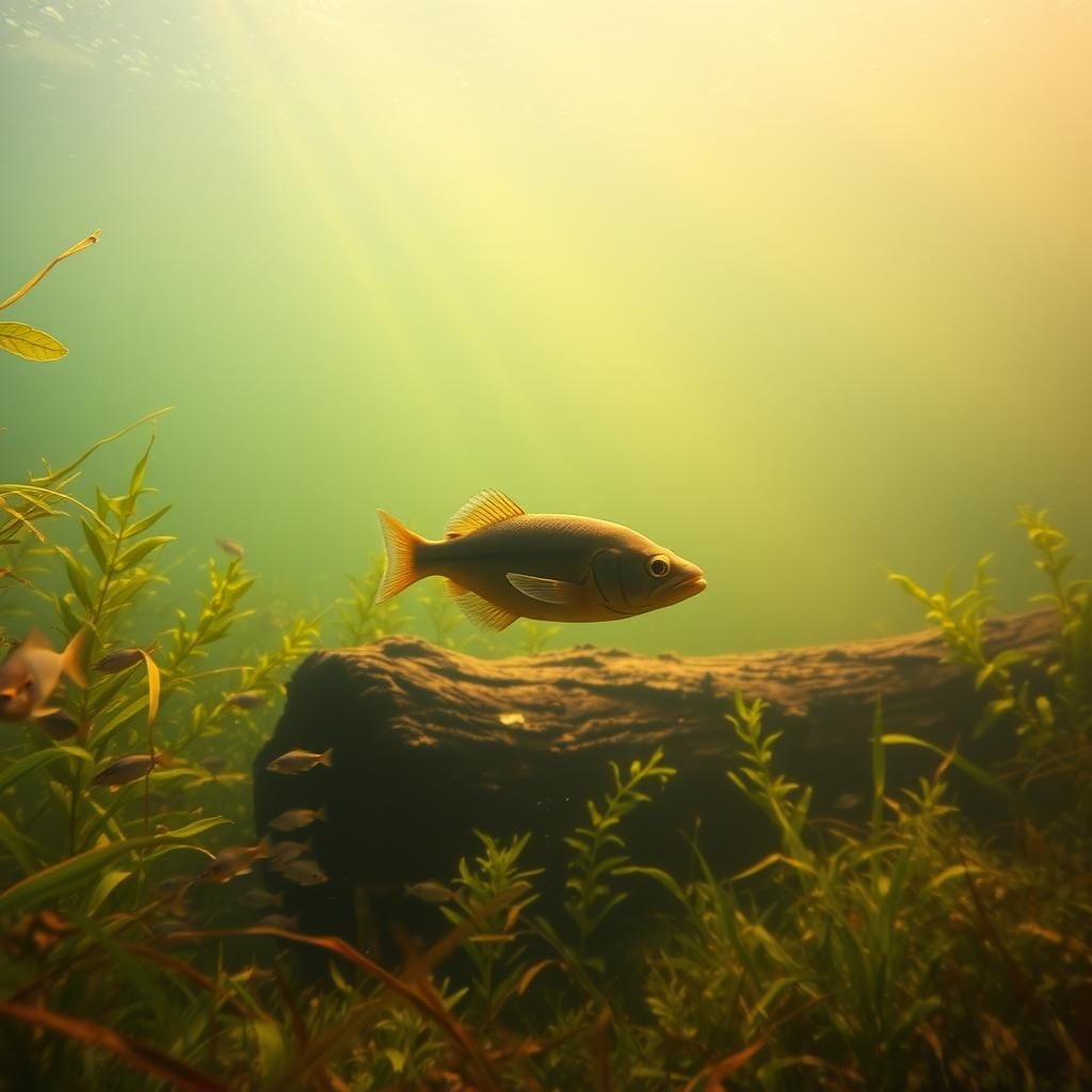 A bowfin swimming in a lush, underwater scene. The predatory fish moves stealthily, eyes scanning for its next meal. In the foreground, schools of smaller fish dart between vibrant aquatic plants. The middle ground reveals a sunken log, partially obscured by floating vegetation. Shafts of warm, golden light pierce the murky water, creating a soft, ambient glow. The background fades into a hazy, indistinct depth, suggesting the expansive nature of the underwater habitat. The scene conveys the bowfin's predatory nature and the rich, diverse ecosystem it inhabits.