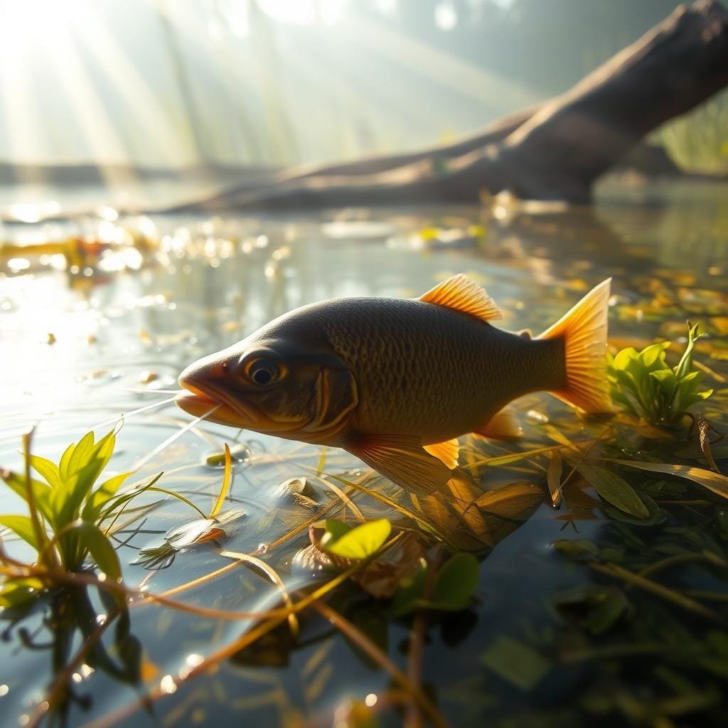 A brown bullhead swimming in a weedy, slow-moving stream. The fish's barbels are visible as it gently nibbles on aquatic vegetation. Rays of soft, golden light filter through the water, casting a warm glow. The background is hazy, with the outline of floating plants and submerged logs creating a serene, natural setting. The camera angle is slightly elevated, providing a clear view of the bullhead's feeding behavior. The overall tone is one of peaceful coexistence between the fish and its aquatic environment.