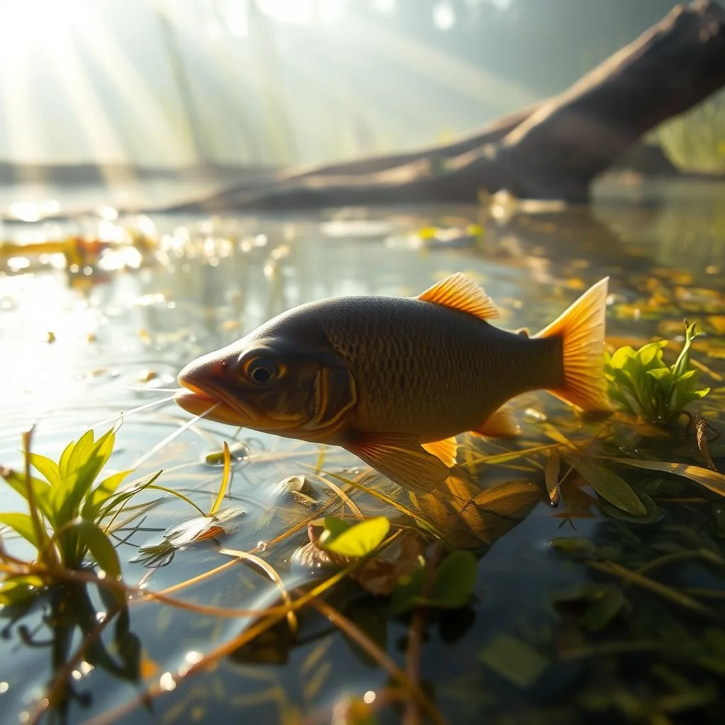 A brown bullhead swimming in a weedy, slow-moving stream. The fish's barbels are visible as it gently nibbles on aquatic vegetation. Rays of soft, golden light filter through the water, casting a warm glow. The background is hazy, with the outline of floating plants and submerged logs creating a serene, natural setting. The camera angle is slightly elevated, providing a clear view of the bullhead's feeding behavior. The overall tone is one of peaceful coexistence between the fish and its aquatic environment.
