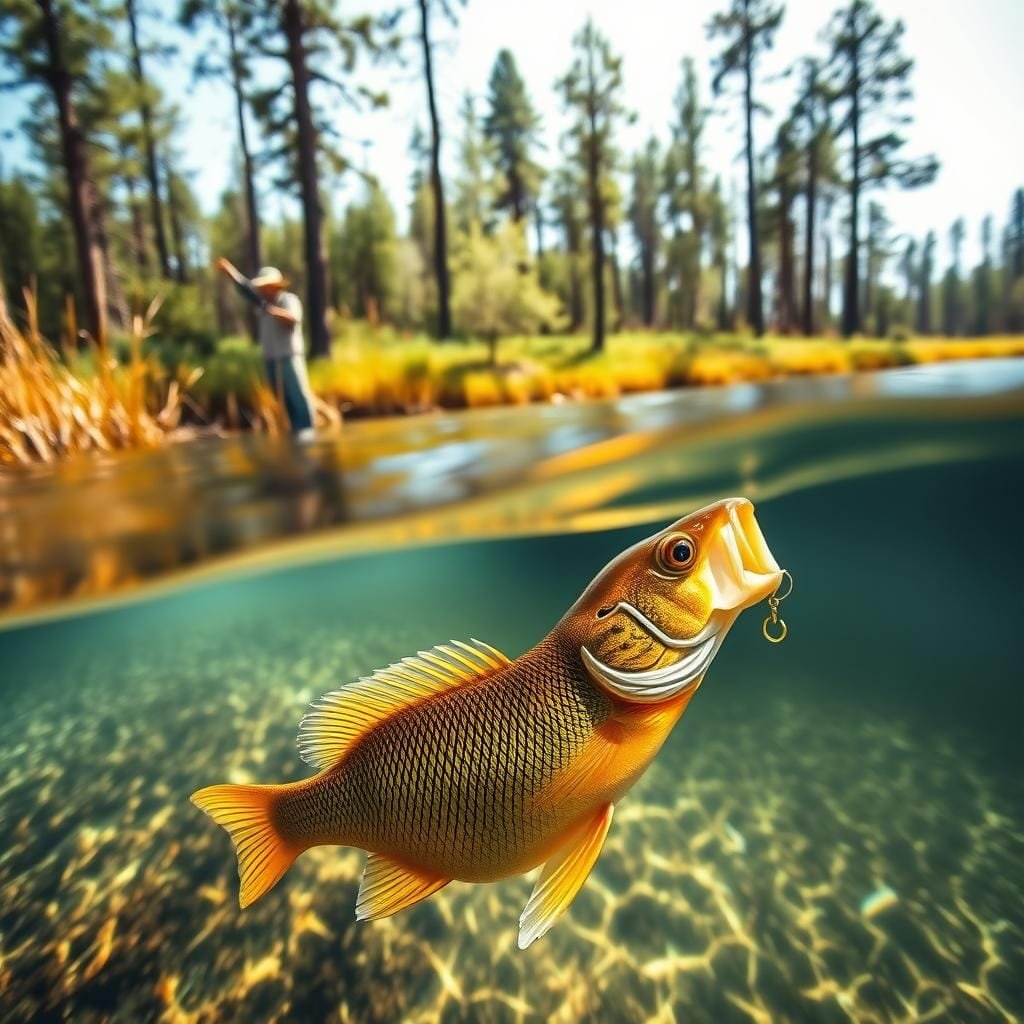 A clear, sun-dappled lake, with the shoreline dotted with tall grasses and reeds. In the foreground, a skilled angler casts a line, the yellow perch gently swimming in the crystal-clear waters. The middle ground features a close-up of the perch, its golden scales glimmering as it approaches the lure. In the background, a tranquil forest scene, with tall trees and a serene atmosphere. The lighting is natural and warm, creating a sense of calm and relaxation. The composition is balanced, with the angler, the perch, and the natural setting all in harmony. The camera angle is slightly elevated, giving a bird's-eye view of the scene.