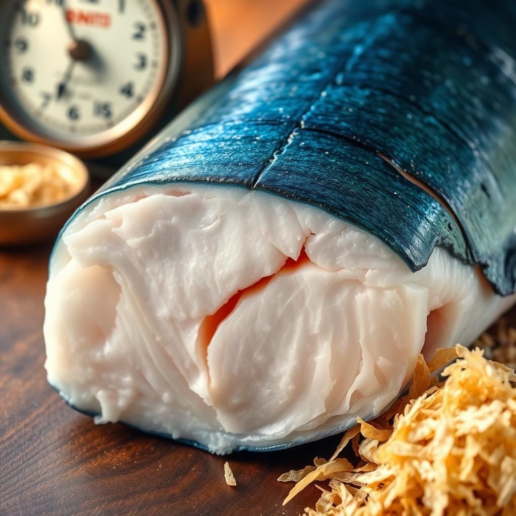 A close-up of a fresh bonito fish fillet, its vibrant blue-green skin glistening under soft, warm lighting. The fillet's cross-section reveals the succulent, flaky white flesh, veined with intricate patterns of fat marbling. In the background, a vintage weighing scale and a small pile of dried bonito flakes, their rich, umami-laden aroma permeating the scene. The overall composition conveys the journey from the bonito's nutrient-dense diet to its flavorful, high-fat flesh - a visual representation of the delicate balance between the fish's prey and its transformation into a culinary delight.