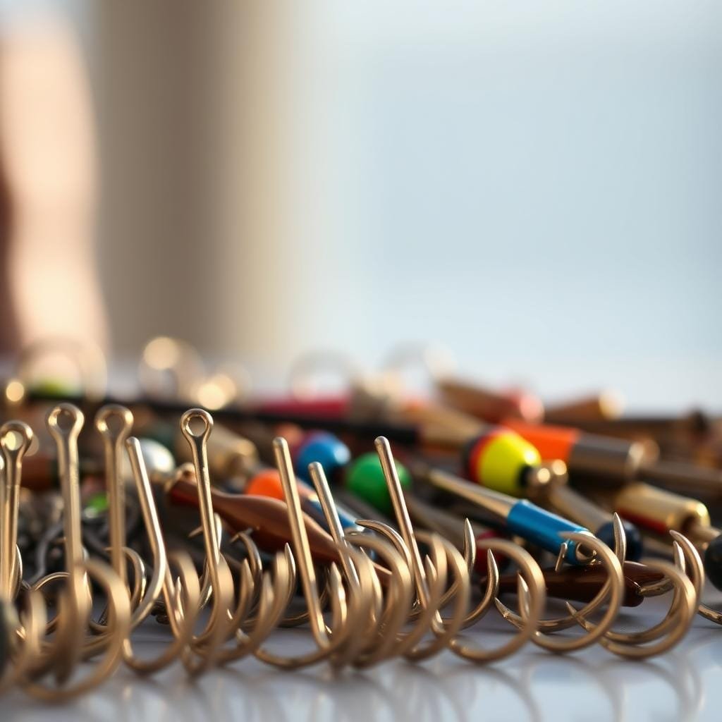 A close-up photograph of an assortment of fishing tackle, including a variety of hooks, leaders, and terminal tackle against a blurred, out-of-focus background. The hooks are displayed in the foreground, showcasing their sharp points and different sizes, while the leaders and terminal tackle are positioned in the middle ground, revealing their materials and designs. The lighting is soft and diffused, creating a warm, natural atmosphere that highlights the textures and details of the fishing gear. The composition is balanced and draws the viewer's attention to the key elements that are essential for catching snapper. A close-up photograph of an assortment of fishing tackle, including a variety of hooks, leaders, and terminal tackle against a blurred, out-of-focus background. The hooks are displayed in the foreground, showcasing their sharp points and different sizes, while the leaders and terminal tackle are positioned in the middle ground, revealing their materials and designs. The lighting is soft and diffused, creating a warm, natural atmosphere that highlights the textures and details of the fishing gear. The composition is balanced and draws the viewer's attention to the key elements that are essential for catching snapper.