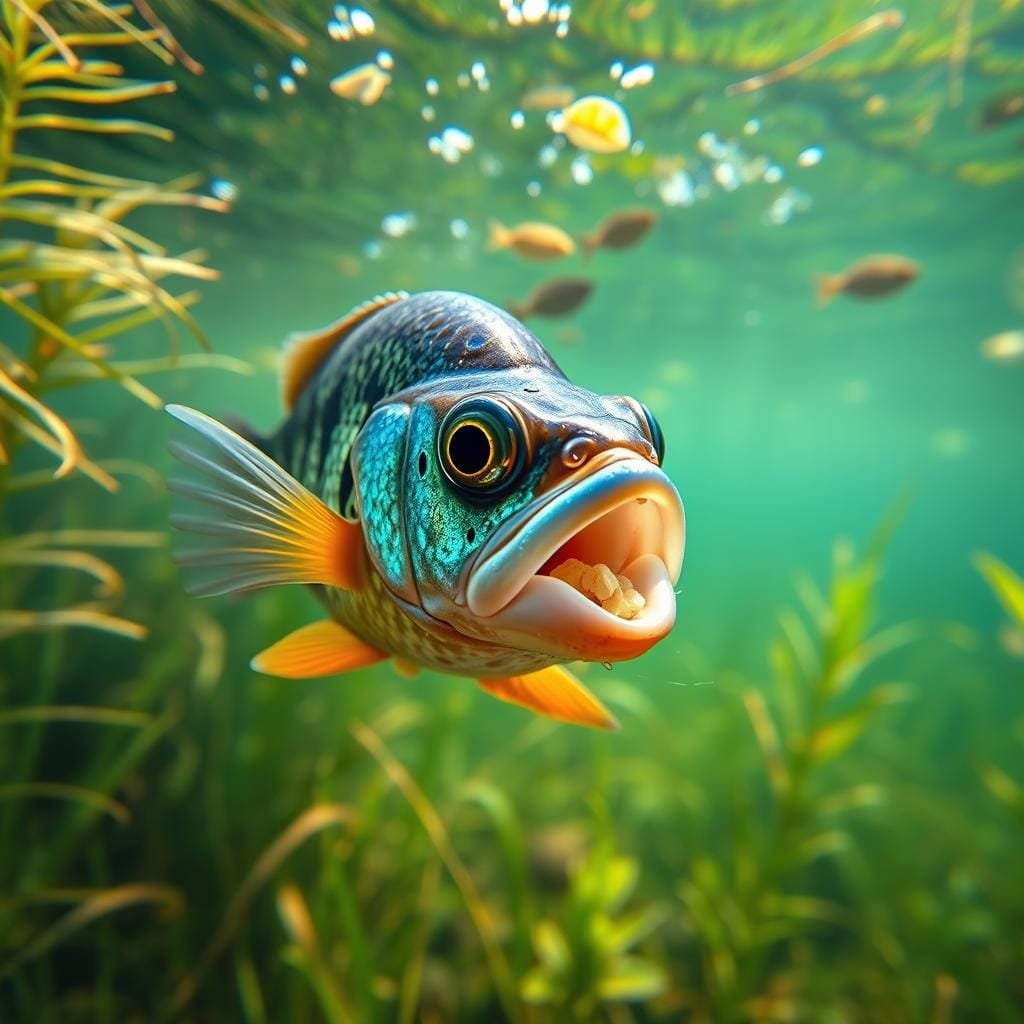 A close-up shot of a bluegill fish swimming in crystal-clear water, its vibrant blue and orange fins gently propelling it forward. In the foreground, the fish's mouth is open, revealing its small, sharp teeth as it feeds on a variety of aquatic organisms, including small insects, crustaceans, and plant matter. The mid-ground showcases the lush underwater vegetation, with swaying fronds and floating leaves providing a natural backdrop. Soft, diffused lighting filters through the water, casting a warm, ambient glow on the scene and highlighting the bluegill's iridescent scales. The overall composition conveys the bluegill's adaptable, opportunistic feeding behavior as an omnivorous species. A close-up shot of a bluegill fish swimming in crystal-clear water, its vibrant blue and orange fins gently propelling it forward. In the foreground, the fish's mouth is open, revealing its small, sharp teeth as it feeds on a variety of aquatic organisms, including small insects, crustaceans, and plant matter. The mid-ground showcases the lush underwater vegetation, with swaying fronds and floating leaves providing a natural backdrop. Soft, diffused lighting filters through the water, casting a warm, ambient glow on the scene and highlighting the bluegill's iridescent scales. The overall composition conveys the bluegill's adaptable, opportunistic feeding behavior as an omnivorous species.