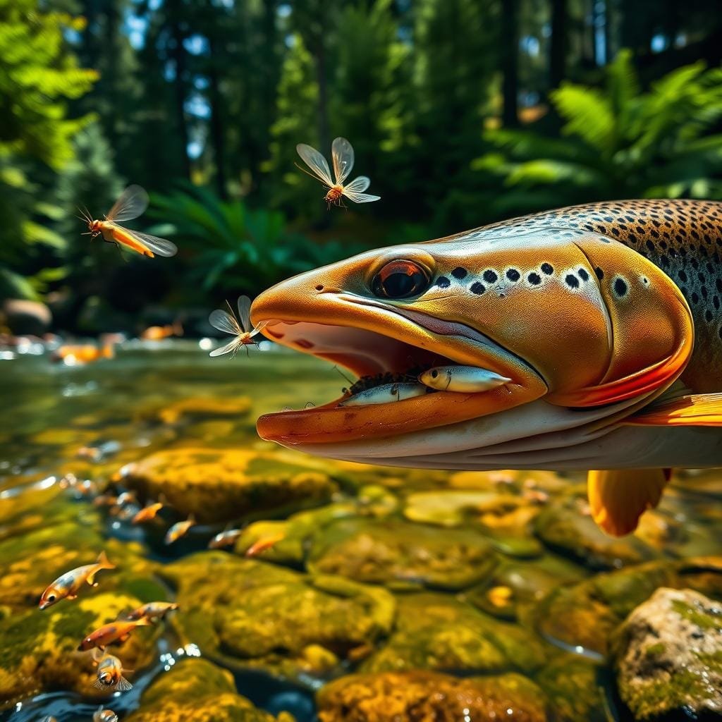 A close-up shot of a brown trout in a clear mountain stream, with its mouth open, revealing a variety of aquatic insects and small fish inside. The trout's spotted, iridescent scales glisten in the dappled sunlight filtering through the canopy of overhanging trees. In the foreground, a few mayflies and caddisflies hover above the water's surface, their delicate wings capturing the viewer's attention. The middle ground shows the rocky, moss-covered stream bed, with a school of minnows darting between the submerged boulders. The background features a lush, verdant forest, with towering pines and ferns lining the banks, creating a serene and tranquil atmosphere. A close-up shot of a brown trout in a clear mountain stream, with its mouth open, revealing a variety of aquatic insects and small fish inside. The trout's spotted, iridescent scales glisten in the dappled sunlight filtering through the canopy of overhanging trees. In the foreground, a few mayflies and caddisflies hover above the water's surface, their delicate wings capturing the viewer's attention. The middle ground shows the rocky, moss-covered stream bed, with a school of minnows darting between the submerged boulders. The background features a lush, verdant forest, with towering pines and ferns lining the banks, creating a serene and tranquil atmosphere.