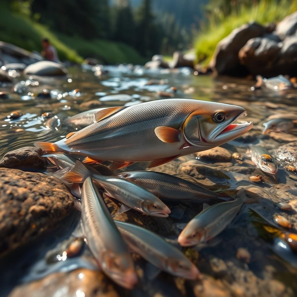 A close-up shot of a kokanee salmon in a clear mountain stream, swimming amongst submerged rocks and aquatic vegetation. The fish's sleek, silvery body is illuminated by soft, natural lighting, casting gentle reflections on the water's surface. In the foreground, several kokanee are feeding on small insects and crustaceans, their mouths open and gills flared. The middle ground reveals more kokanee darting between the rocks, while the background showcases the lush, forested banks of the stream, creating a serene and tranquil atmosphere. A close-up shot of a kokanee salmon in a clear mountain stream, swimming amongst submerged rocks and aquatic vegetation. The fish's sleek, silvery body is illuminated by soft, natural lighting, casting gentle reflections on the water's surface. In the foreground, several kokanee are feeding on small insects and crustaceans, their mouths open and gills flared. The middle ground reveals more kokanee darting between the rocks, while the background showcases the lush, forested banks of the stream, creating a serene and tranquil atmosphere.