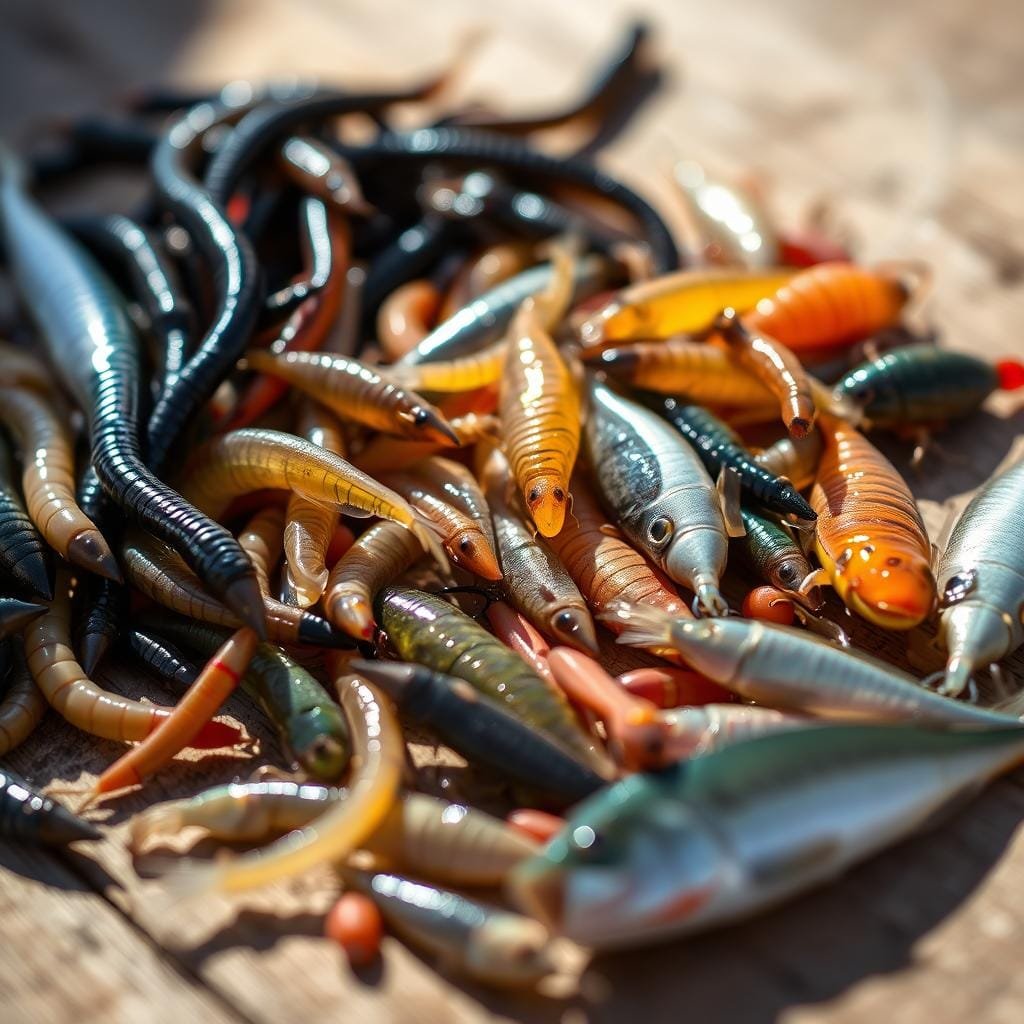 A close-up shot of a variety of live fishing baits, including worms, minnows, and small crustaceans, arranged on a wooden surface. The baits are freshly caught and glistening, appearing lively and enticing. The lighting is natural, casting soft shadows that accentuate the textures and colors of the baits. The background is blurred, creating a focus on the bait and a sense of depth. The overall composition and lighting evoke a sense of anticipation and the promise of a successful fishing trip.