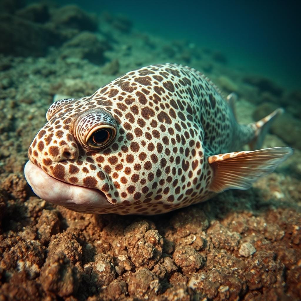 A close-up shot of a well-camouflaged grouper fish, its mottled brown and gray skin seamlessly blending into the rocky seafloor. Intricate patterns of light and shadow play across its muscular body, as it lies in wait, perfectly still, for unsuspecting prey to swim within striking distance. The image is captured through a wide-angle lens, accentuating the fish's bulk and emphasizing the subtle textures of its skin. The lighting is soft and natural, casting a warm, underwater glow and creating a sense of tranquility and tension, hinting at the predatory power concealed within the grouper's camouflaged form.