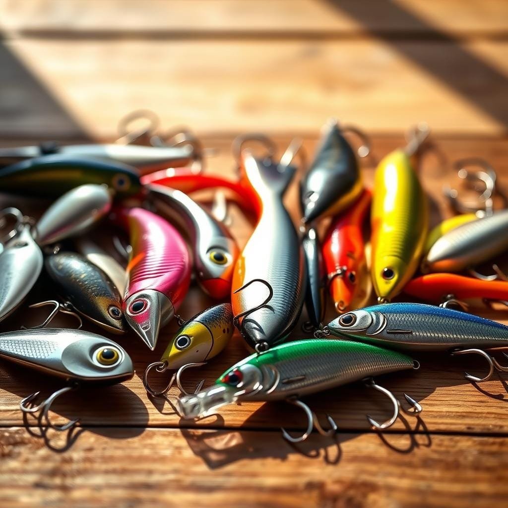 A close-up shot of an assortment of fishing lures arranged on a wooden surface. The lures include a variety of sizes, shapes, and colors, including shiny metal spoons, soft plastic worms, and lifelike crankbaits. The lures are positioned to showcase their unique features and textures, with subtle shadows and highlights emphasizing their details. The lighting is warm and natural, creating a cozy, inviting atmosphere. The background is slightly blurred, allowing the lures to be the focal point of the image. The overall composition is clean, well-organized, and visually appealing, showcasing the versatility and effectiveness of these lures for catching snapper. A close-up shot of an assortment of fishing lures arranged on a wooden surface. The lures include a variety of sizes, shapes, and colors, including shiny metal spoons, soft plastic worms, and lifelike crankbaits. The lures are positioned to showcase their unique features and textures, with subtle shadows and highlights emphasizing their details. The lighting is warm and natural, creating a cozy, inviting atmosphere. The background is slightly blurred, allowing the lures to be the focal point of the image. The overall composition is clean, well-organized, and visually appealing, showcasing the versatility and effectiveness of these lures for catching snapper.