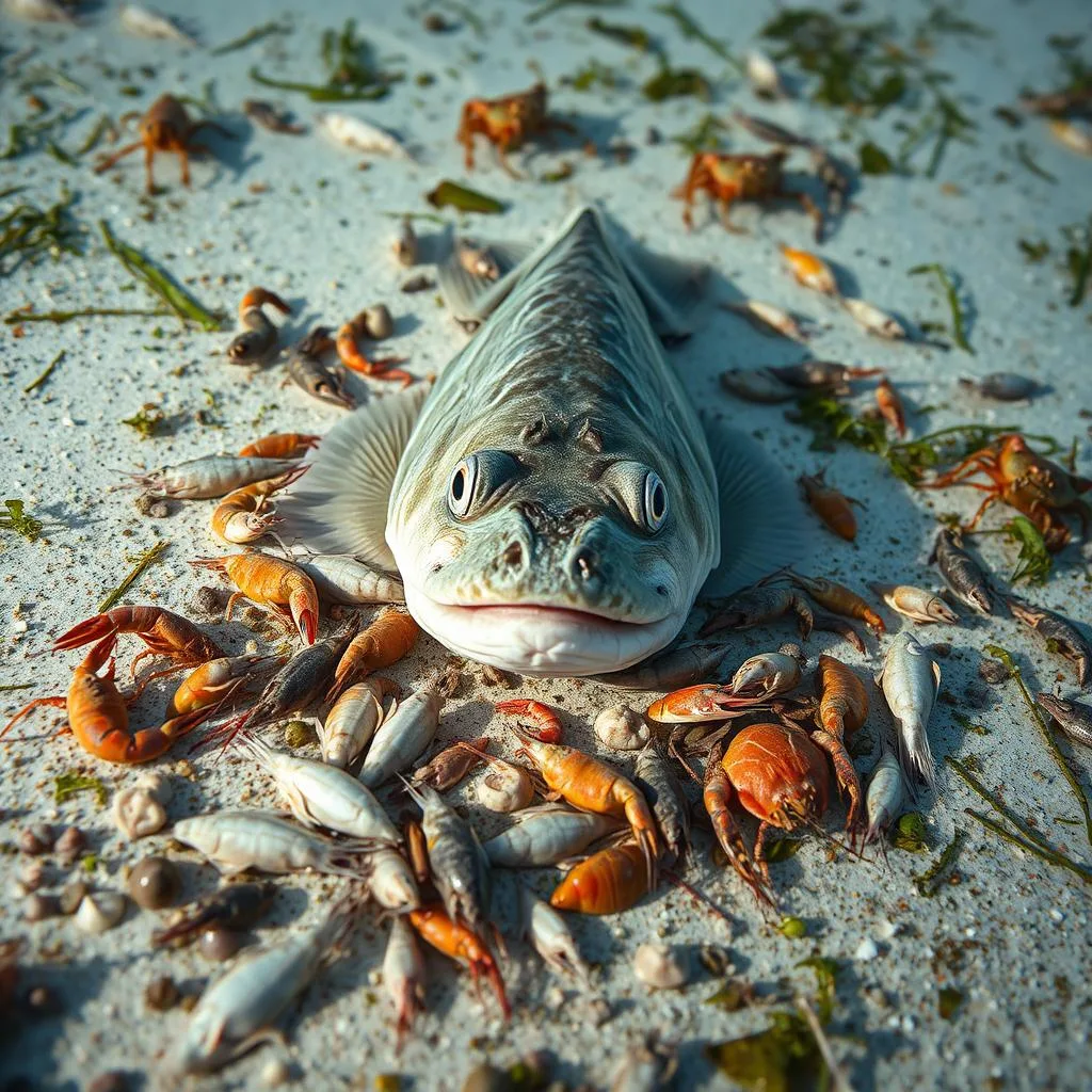 A close-up view of a Gulf flounder amid a diverse array of its typical prey, including small shrimp, crabs, and small bony fish. The flounder is positioned prominently in the center, its camouflaged body and wide-set eyes clearly visible. The background depicts a shallow, sandy seabed with scattered seagrass and aquatic vegetation, creating a naturalistic, underwater environment. The lighting is soft and diffused, casting gentle shadows and highlighting the textures and colors of the scene. The overall mood is one of natural wonder and scientific observation, inviting the viewer to learn more about the feeding habits of this fascinating flatfish species. A close-up view of a Gulf flounder amid a diverse array of its typical prey, including small shrimp, crabs, and small bony fish. The flounder is positioned prominently in the center, its camouflaged body and wide-set eyes clearly visible. The background depicts a shallow, sandy seabed with scattered seagrass and aquatic vegetation, creating a naturalistic, underwater environment. The lighting is soft and diffused, casting gentle shadows and highlighting the textures and colors of the scene. The overall mood is one of natural wonder and scientific observation, inviting the viewer to learn more about the feeding habits of this fascinating flatfish species.