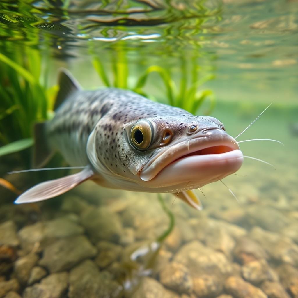 A close-up view of a bullhead catfish swimming in clear freshwater, with its whisker-like barbels exploring the riverbed. In the foreground, the catfish's speckled grey-brown skin, large pectoral fins, and downward-facing mouth are sharply in focus, illuminated by soft, diffused natural lighting. The middle ground features lush, verdant aquatic plants swaying in the current, and the background is filled with a gently blurred, out-of-focus backdrop of the river's surface and the sky above, creating a sense of depth and tranquility.