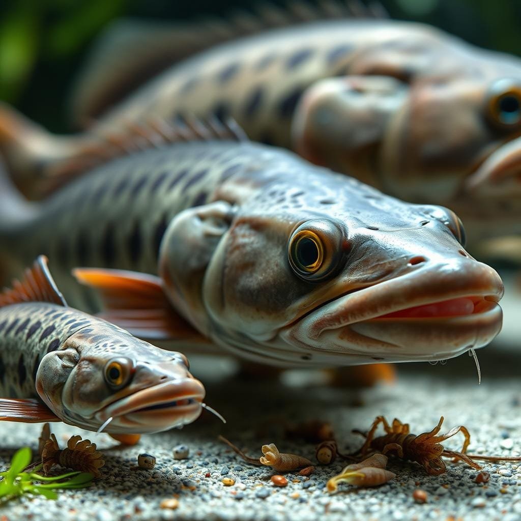 A close-up view of a channel catfish at different life stages, showcasing how its diet evolves with age and size. In the foreground, a juvenile catfish with a small mouth and slender body, feeding on small invertebrates and aquatic plants. In the middle ground, an adult catfish with a broad, flattened head and wide mouth, consuming larger prey like small fish and crustaceans. In the background, an elderly catfish with a more rounded, robust body shape, focusing on scavenging for detritus and bottom-dwelling organisms. The scene is lit by natural, diffused lighting, creating soft shadows and highlights that accentuate the textural details of the fish's skin and fins. The overall mood is one of scientific observation, highlighting the adaptations and dietary shifts of this versatile freshwater species.