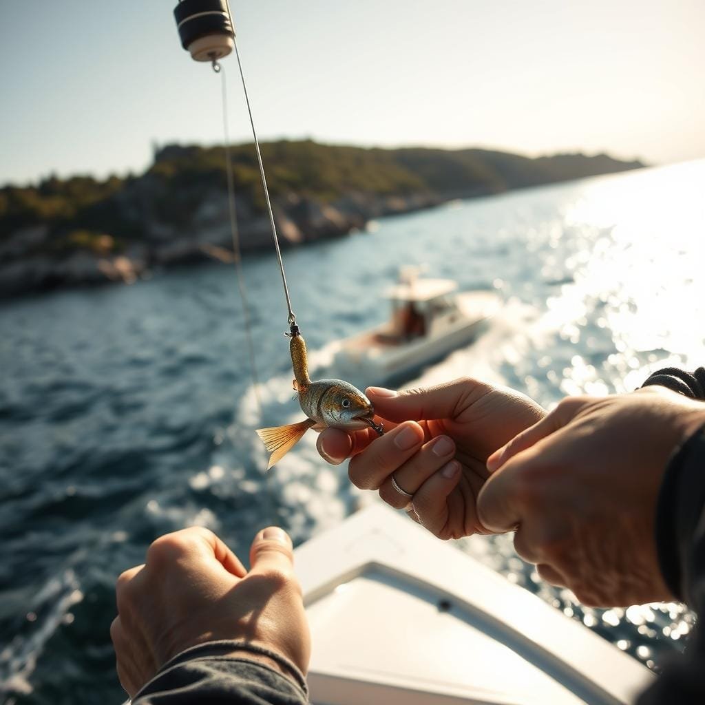 A close-up view of a fisherman's hands expertly rigging a fishing line with a scup lure, the line taut as it extends into a shimmering, sun-dappled ocean. In the middle ground, a boat gently rocks, its white hull gleaming. In the distance, a picturesque coastline with rocky cliffs and verdant foliage frames the scene. Soft, warm lighting creates a serene, inviting atmosphere, drawing the viewer into the tranquil world of scup fishing. A close-up view of a fisherman's hands expertly rigging a fishing line with a scup lure, the line taut as it extends into a shimmering, sun-dappled ocean. In the middle ground, a boat gently rocks, its white hull gleaming. In the distance, a picturesque coastline with rocky cliffs and verdant foliage frames the scene. Soft, warm lighting creates a serene, inviting atmosphere, drawing the viewer into the tranquil world of scup fishing.