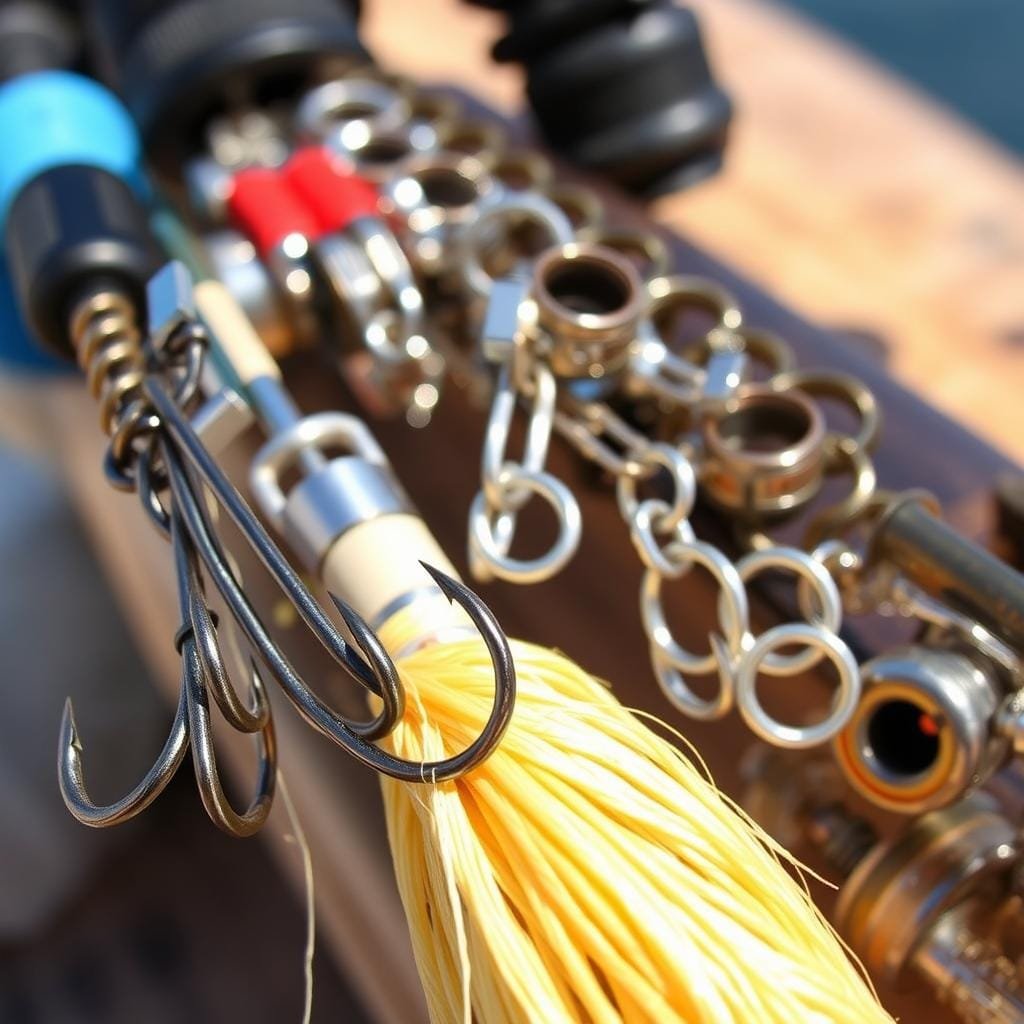 A close-up view of a fishing rig designed for catching triggerfish, featuring a variety of terminal tackle elements. In the foreground, a set of sharp, stout hooks and a sturdy monofilament leader material, highlighting the need to overcome triggerfish's notoriously tough mouth and teeth. In the middle ground, a selection of specialized rigs and terminal tackle components like swivels, split rings, and heavy-duty line, showcasing the specialized gear required to target these wary, powerful fish. The background is slightly blurred, emphasizing the focal point of the rig components. The lighting is natural, with warm tones suggesting an outdoor coastal setting, conveying the challenging yet rewarding nature of triggerfish fishing.