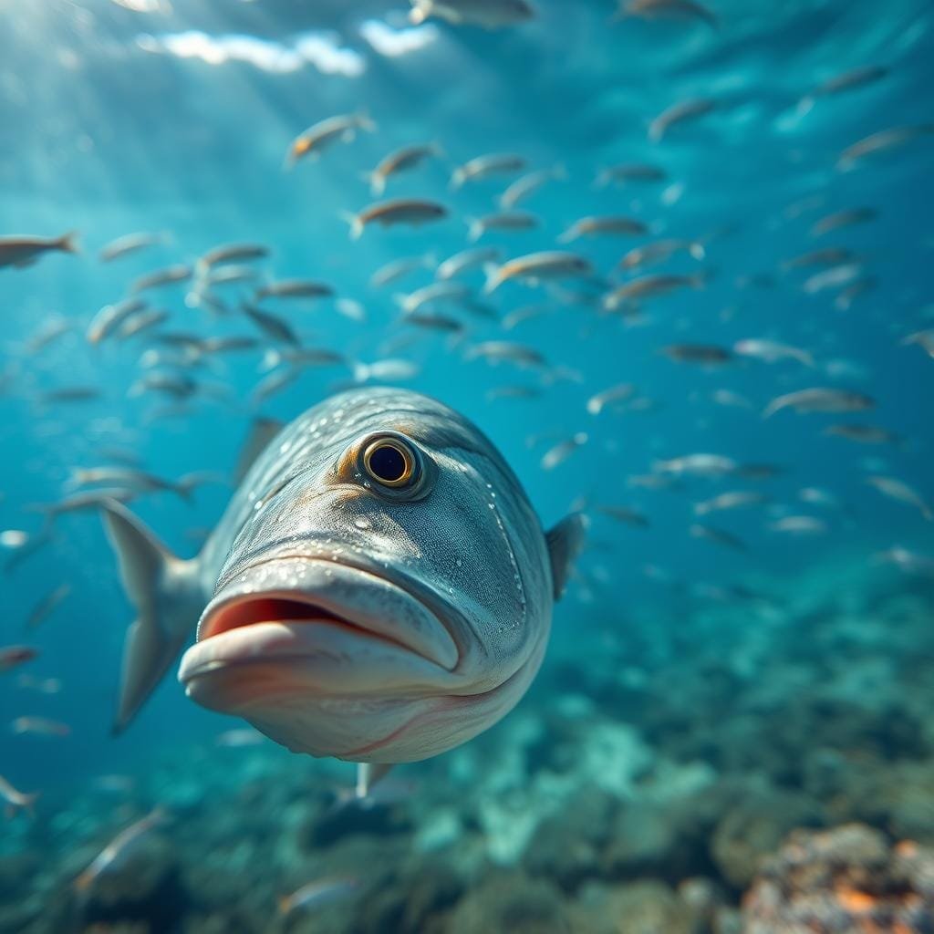 A close-up view of a sea bass swimming in the ocean, surrounded by its typical prey. In the foreground, the sea bass is captured in a sharp, high-resolution focus, its scales glistening with water droplets. In the middle ground, schools of smaller fish such as sardines, anchovies, and herring are visible, swimming in a natural, dynamic formation. The background features a blurred, azure blue ocean backdrop, with shafts of sunlight filtering through the water, creating a serene, underwater atmosphere. The lighting is natural and even, highlighting the details of the sea bass and its prey. The overall mood is one of tranquility and the natural, predatory cycle of marine life.