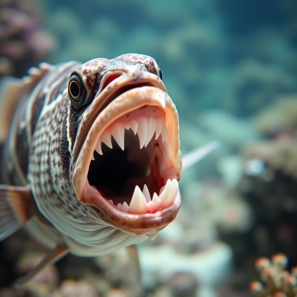 A close-up view of a sheepshead fish, its large mouth agape, revealing its distinctive human-like teeth. The fish is situated against a blurred, underwater seascape, with coral and other marine vegetation in the background. The lighting is soft and diffused, creating a serene, natural atmosphere. The image is captured at a slight angle, highlighting the unique features of the sheepshead and emphasizing its role as an omnivorous forager, feeding on a variety of aquatic organisms. A close-up view of a sheepshead fish, its large mouth agape, revealing its distinctive human-like teeth. The fish is situated against a blurred, underwater seascape, with coral and other marine vegetation in the background. The lighting is soft and diffused, creating a serene, natural atmosphere. The image is captured at a slight angle, highlighting the unique features of the sheepshead and emphasizing its role as an omnivorous forager, feeding on a variety of aquatic organisms.